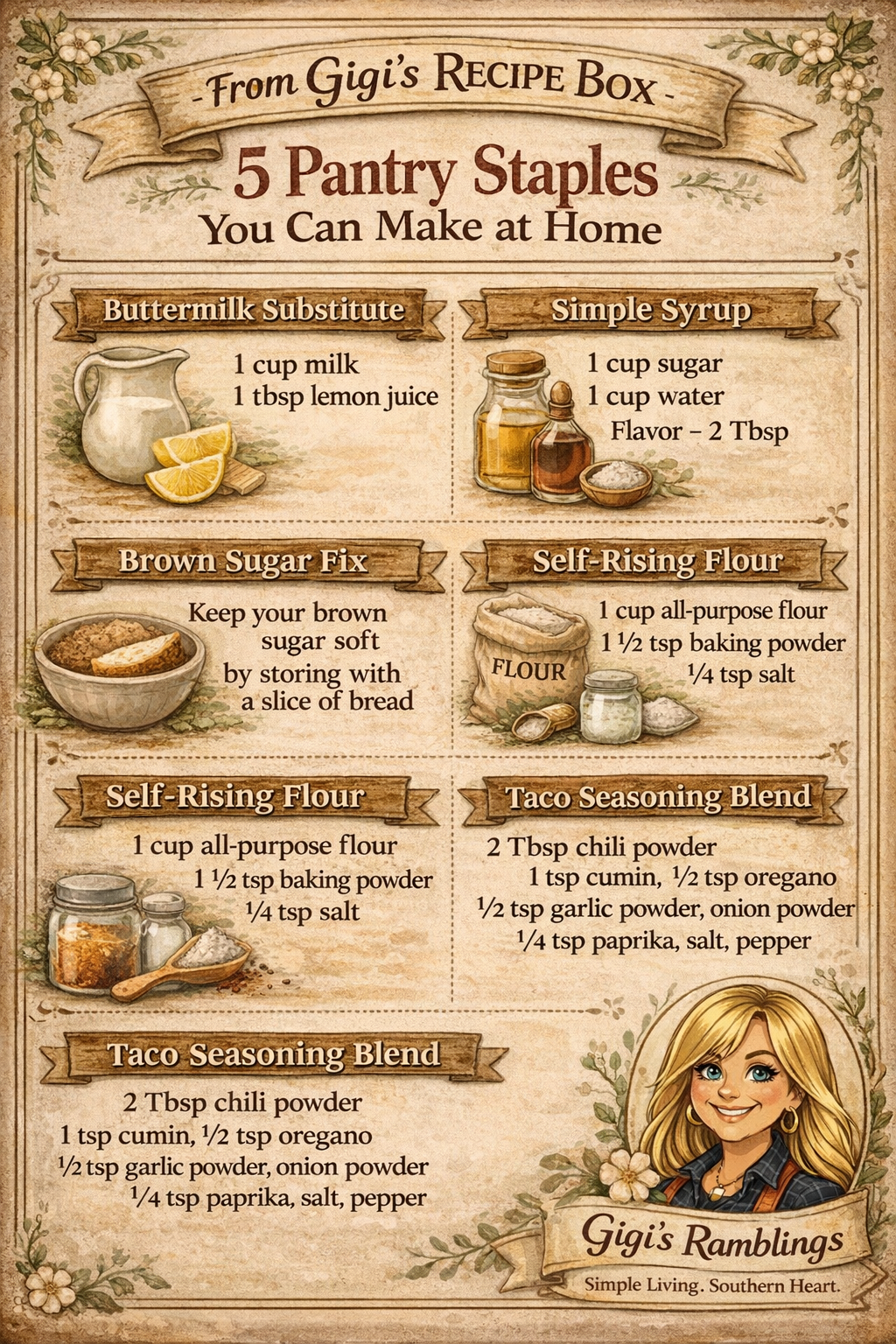 Vintage illustrated infographic showing 5 homemade pantry staples including buttermilk, self rising flour, brown sugar, simple syrup, and taco seasoning.
