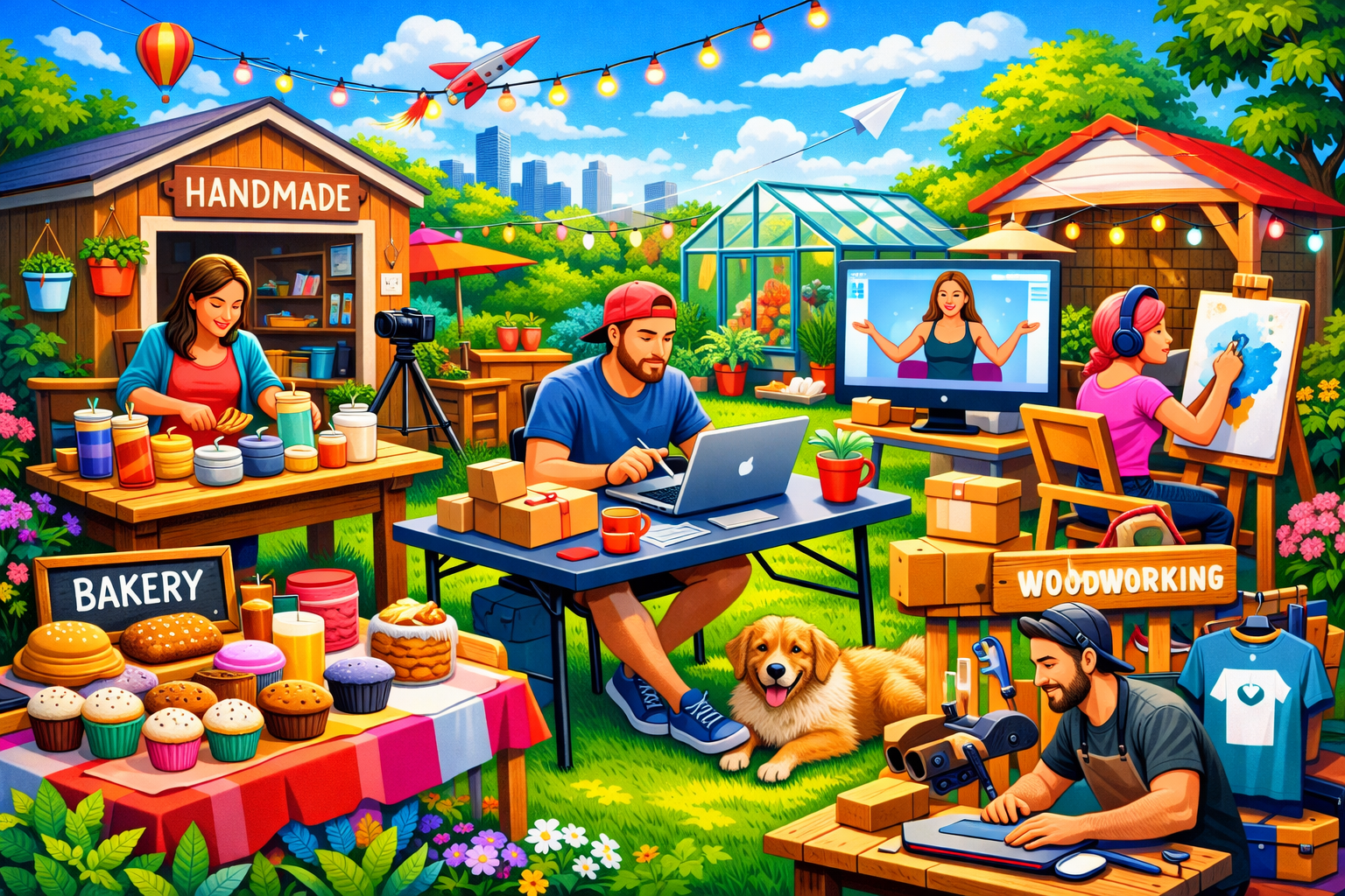 Bright, colorful illustration of a lively backyard filled with small business owners working from home, including a baker, a handmade candle maker, a digital creator on a laptop, an online instructor on a screen, a painter, and a woodworker, surrounded by shipping boxes, string lights, and a cheerful garden setting.