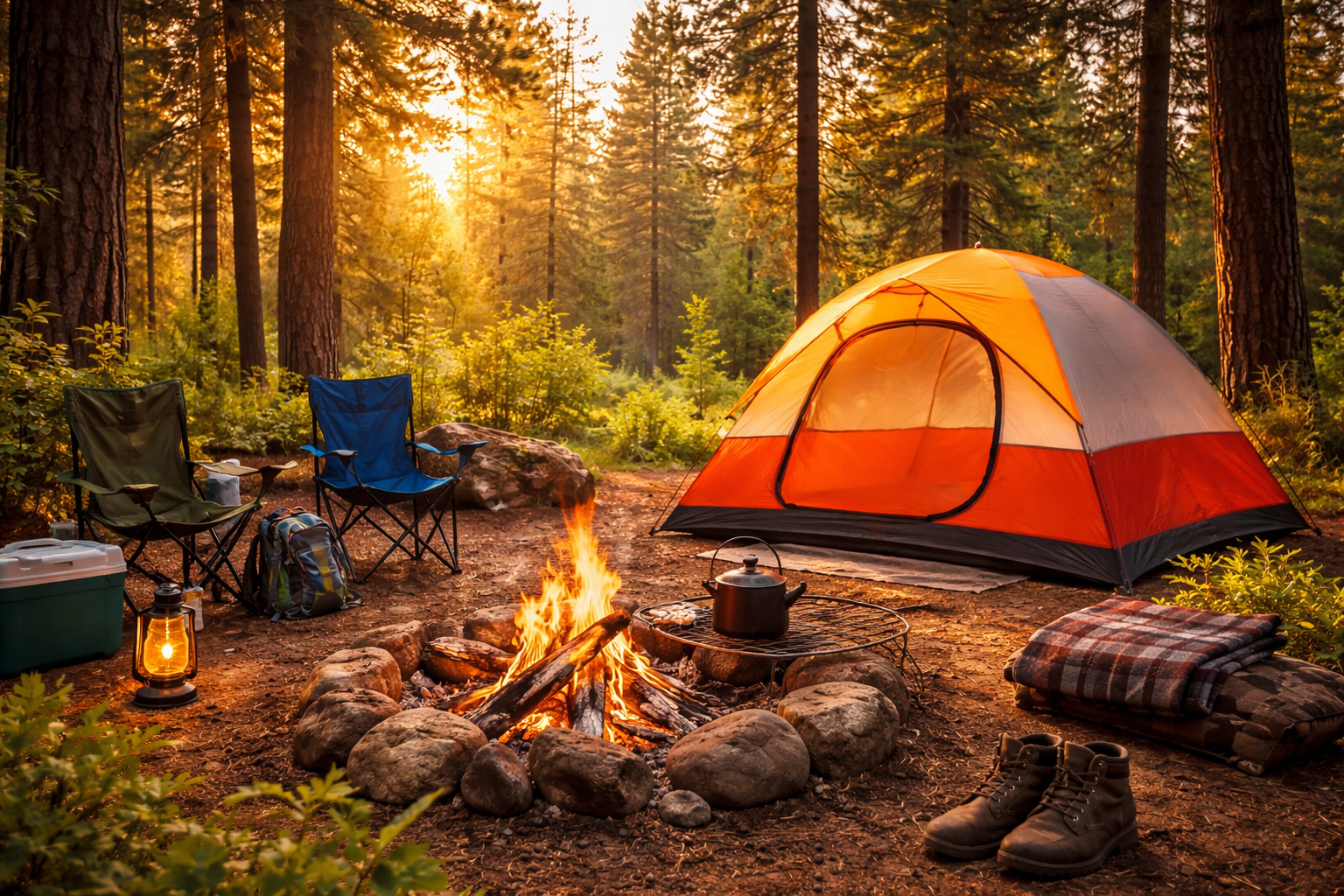 Orange camping tent set up in a peaceful forest campsite with a glowing campfire, camping chairs, lantern, and gear surrounded by tall pine trees at sunset.