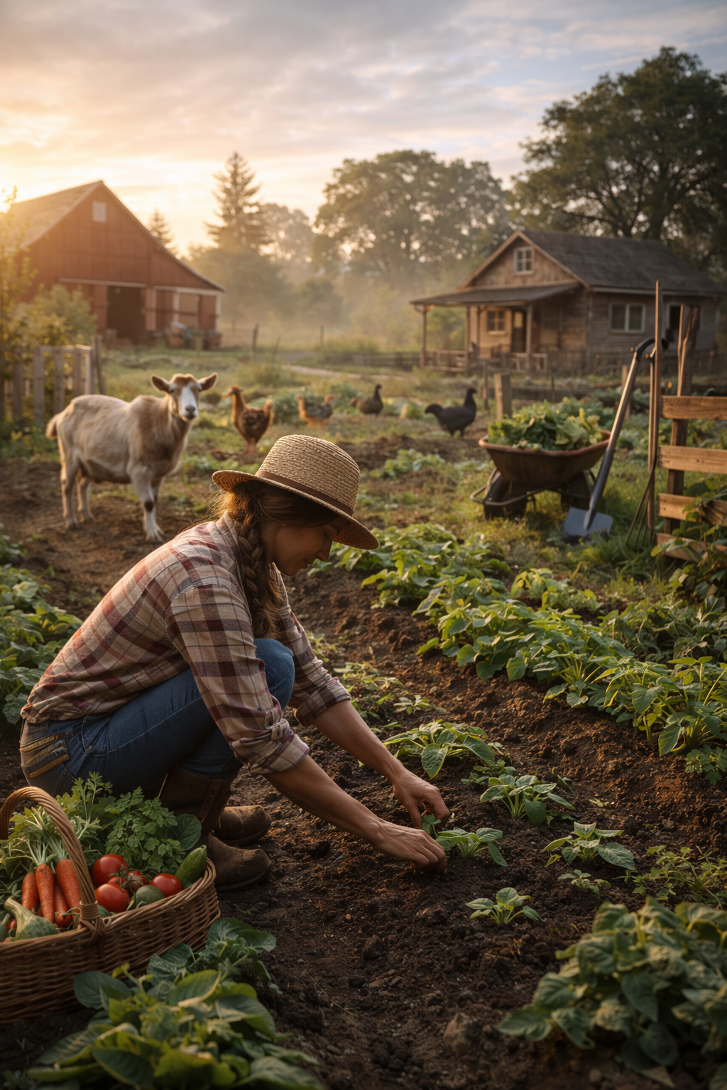 Woman homesteader planting seedlings in a garden at sunrise with chickens and a goat nearby, rustic barn and farmhouse in the background.