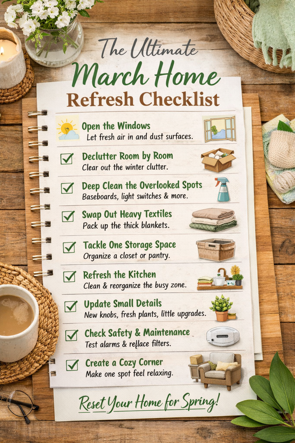 March home refresh checklist on a farmhouse table with flowers, candle, and spring decor showing simple cleaning and decluttering tasks for the season.