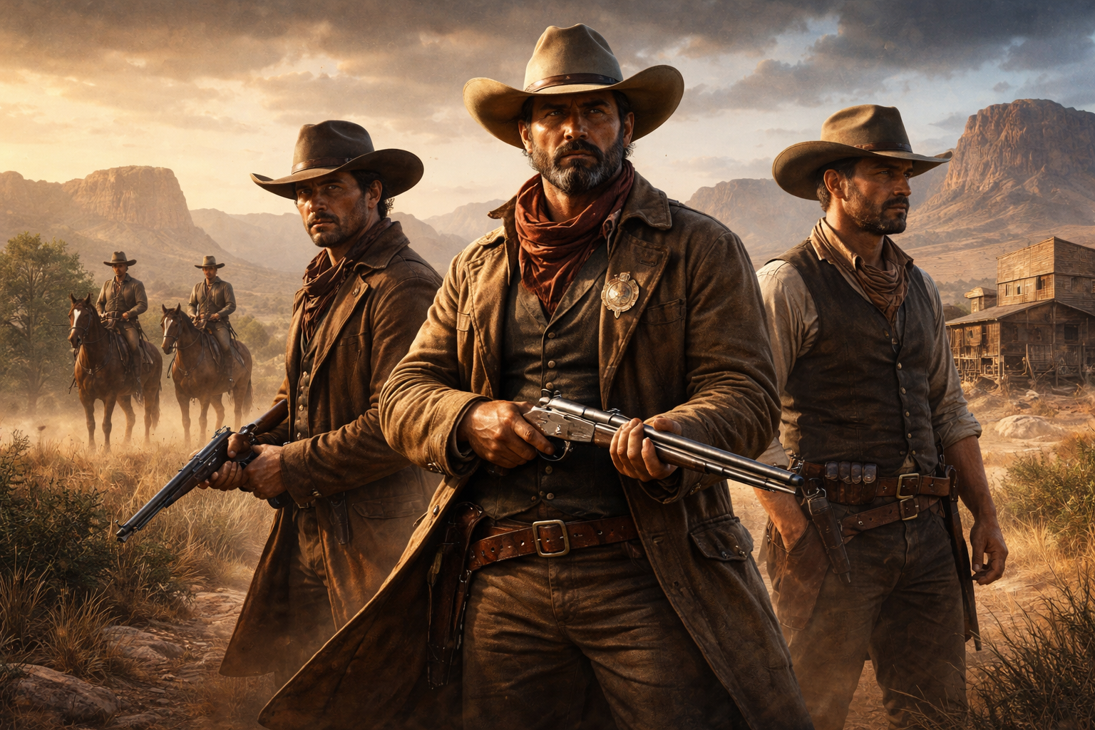 Realistic image of 19th-century Texas Rangers standing armed on the frontier with horses and an Old West town in the background.