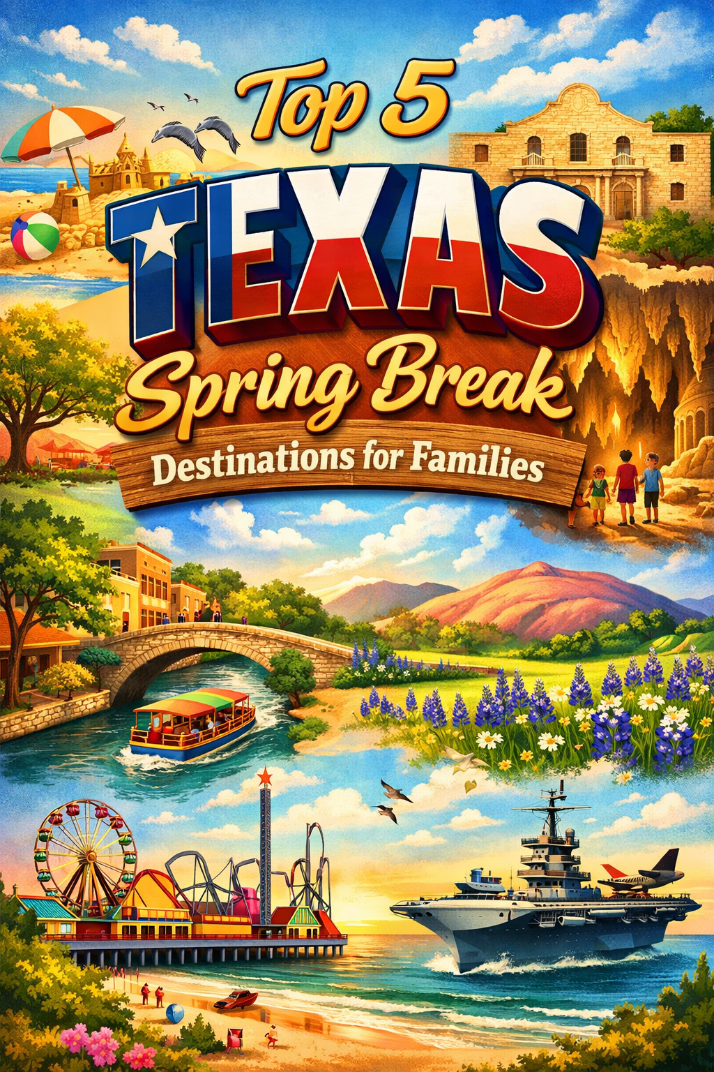 Colorful illustration showing top Texas spring break destinations for families including a beach scene, the Alamo, River Walk boat, wildflowers, amusement pier, and aircraft carrier.