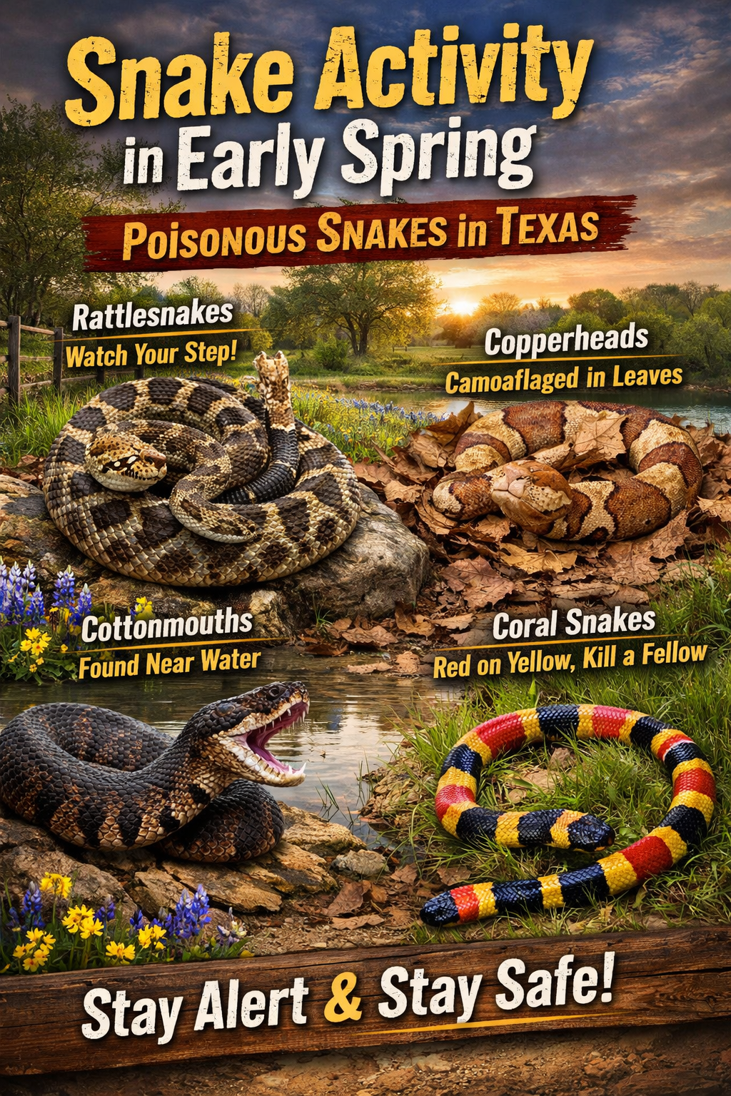Texas early spring snake activity infographic showing rattlesnake, copperhead, cottonmouth, and coral snake with safety warnings and identification notes