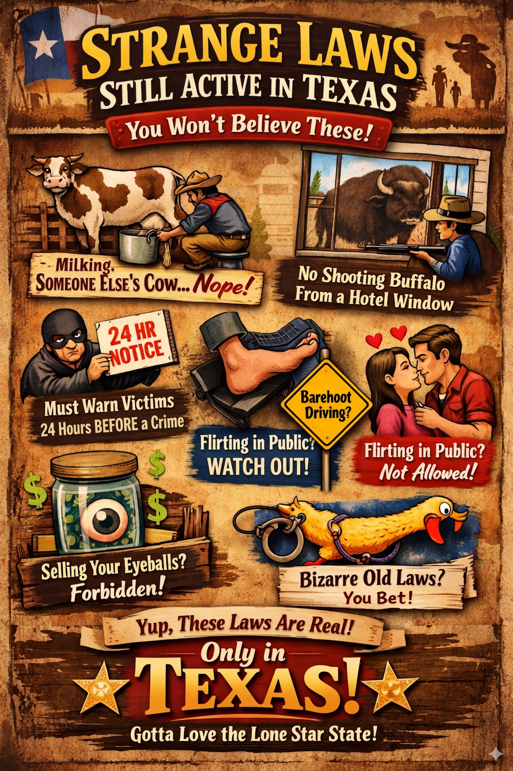 Vintage-style infographic titled “Strange Laws Still Active in Texas” featuring illustrated scenes of quirky laws, including milking someone else’s cow, shooting a buffalo from a hotel window, giving 24-hour crime notice, barefoot driving, public flirting restrictions, and selling eyeballs, all set against a rustic Western background with bold “Only in Texas” text.