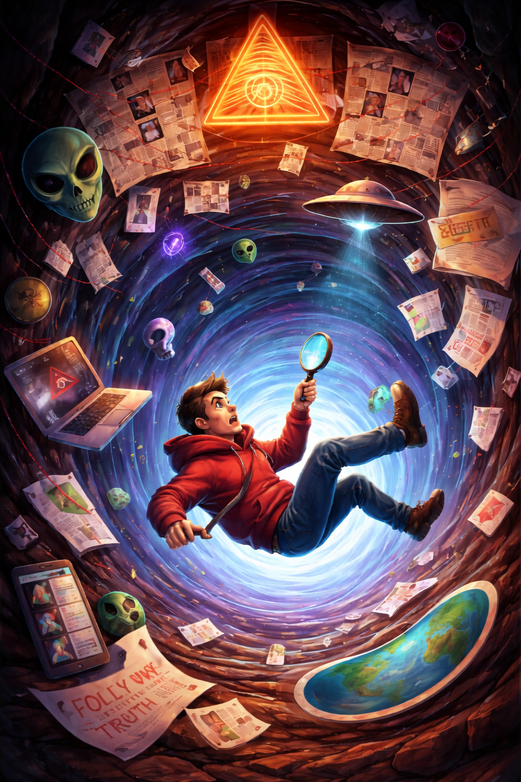Teen boy in a red hoodie falls through a swirling vortex of conspiracy symbols, including UFOs, alien heads, scattered documents, and a glowing triangle, as he examines clues with a magnifying glass