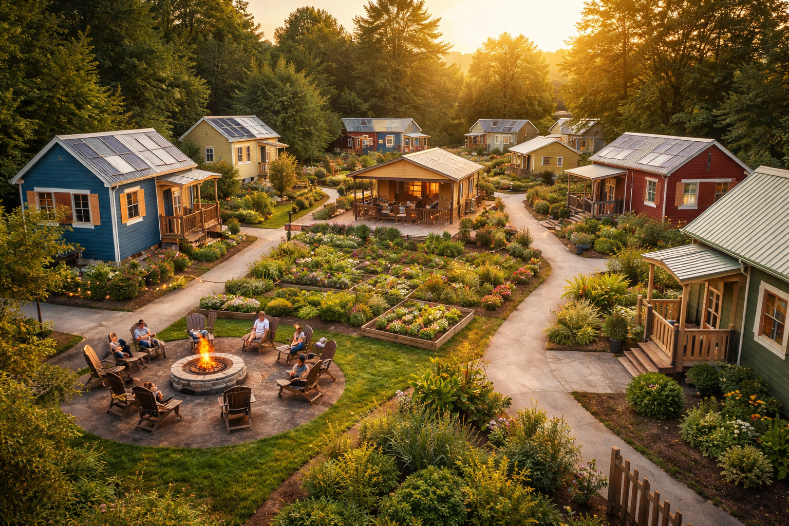 Aerial view of a colorful tiny home community at sunset, featuring small cottages with porches, landscaped gardens, winding paths, a central pavilion, and residents gathered around a fire pit in a shared outdoor space.