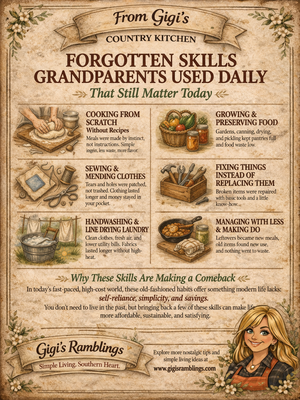 Vintage-style infographic titled “Forgotten Skills Grandparents Used Daily That Still Matter Today” featuring illustrations of cooking from scratch, gardening and preserving food, sewing and mending clothes, fixing tools, line-drying laundry, and simple living tips on an aged parchment background with rustic farmhouse design.