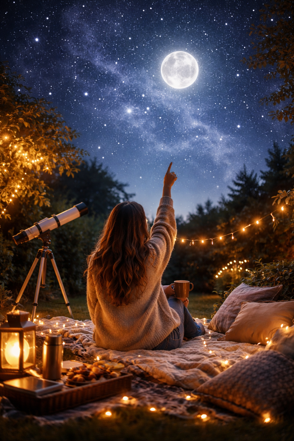 Woman stargazing in a cozy backyard at night with a telescope, glowing lanterns, string lights, and a bright full moon surrounded by stars.