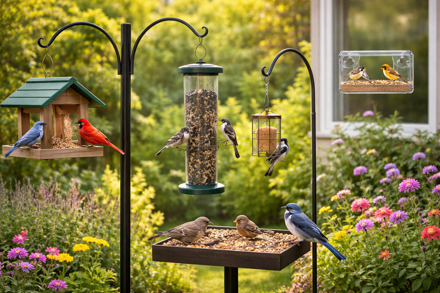 A bright backyard with a variety of bird feeders including a tube, hopper, platform, suet, and window feeder. Colorful birds like cardinals, finches, and jays perch and eat from the feeders, surrounded by green shrubs and blooming flowers.