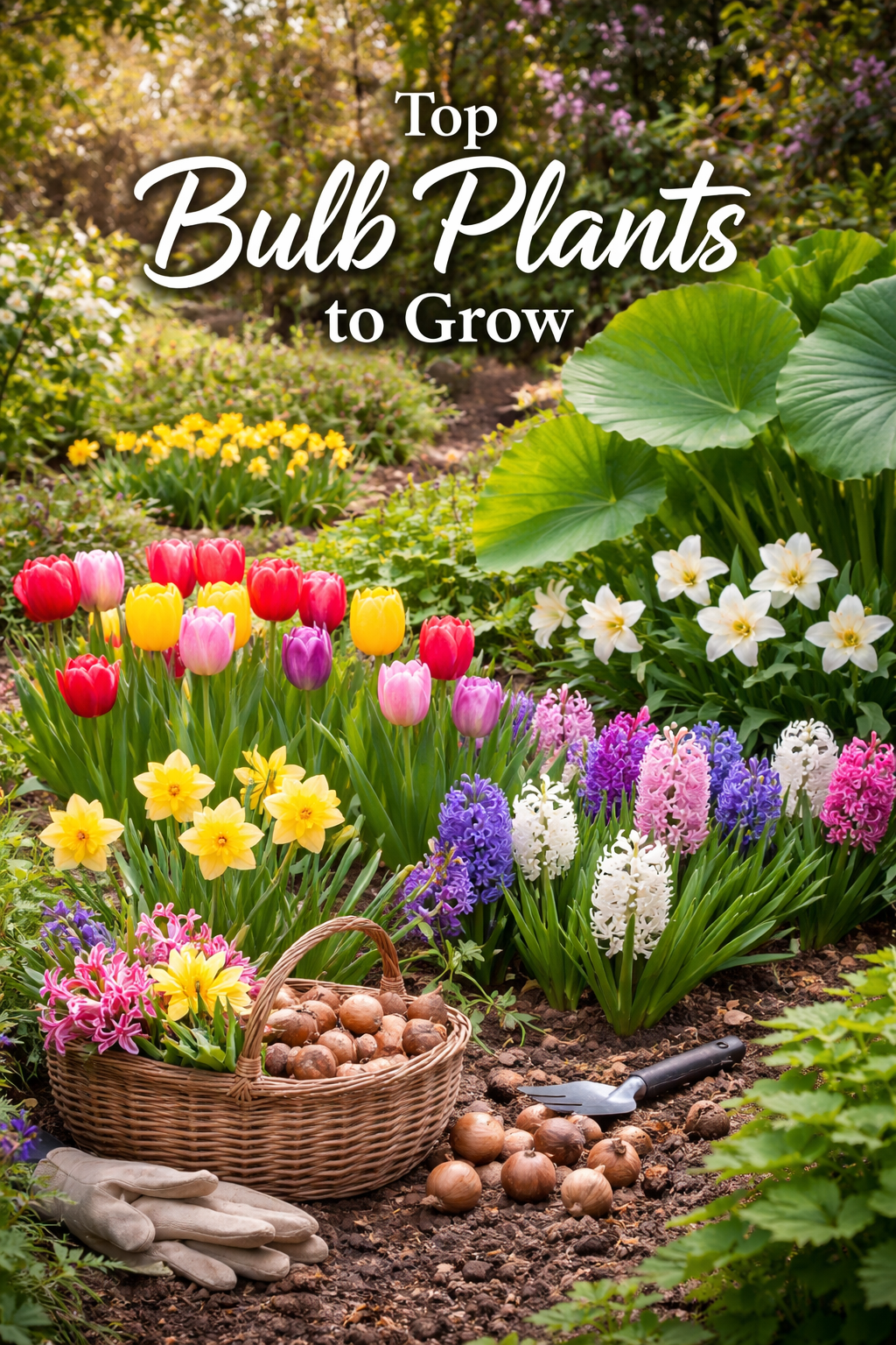 Colorful spring garden featuring tulips, hyacinths, daffodils, Easter lilies, and elephant ears with gardening tools and bulbs in foreground