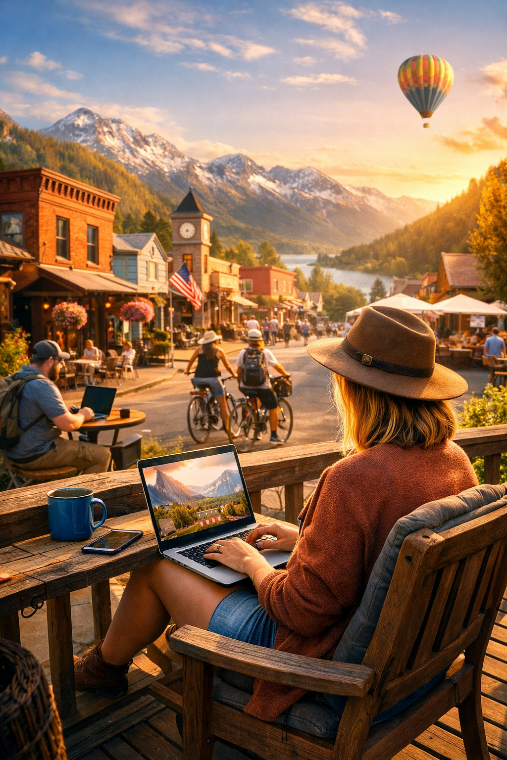 Digital nomad working on a laptop from a scenic small town café patio overlooking a colorful main street, mountains, and sunset in the background.