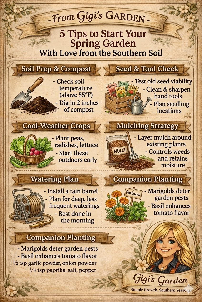 An infographic styled as a vintage recipe card titled "From Gigi’s Garden - 5 Tips to Start Your Spring Garden - With Love from the Southern Soil." The top border is adorned with floral illustrations.