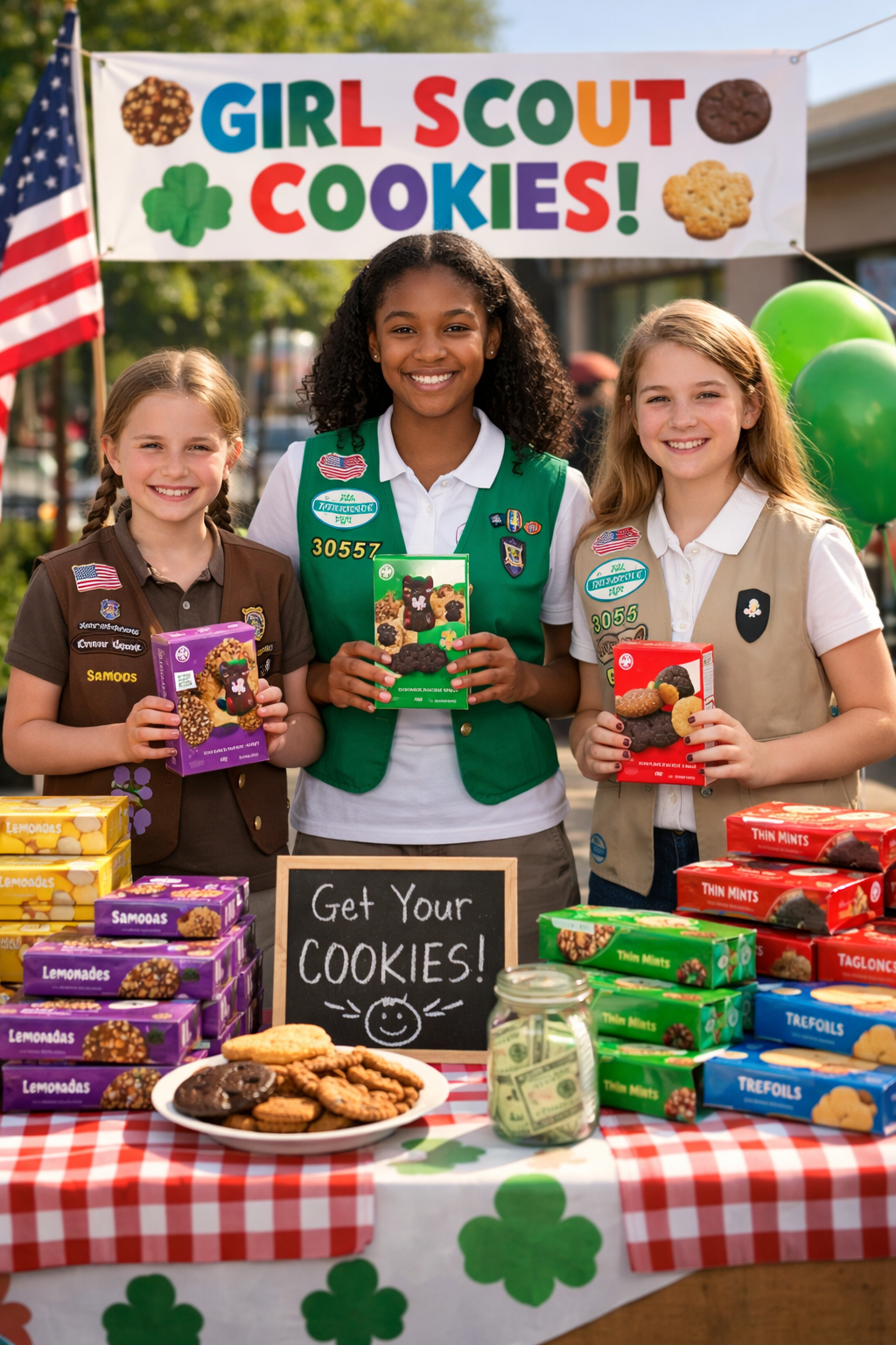 Girl Scouts selling cookies at a neighborhood cookie booth with colorful boxes of Thin Mints, Samoas, and other varieties displayed on a table.