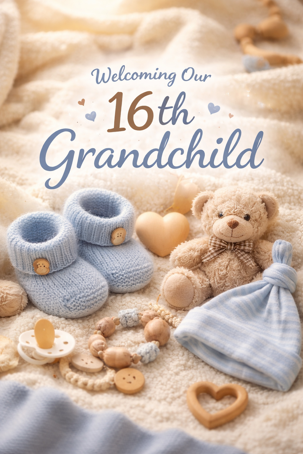 Baby-themed flat lay with knitted booties, teddy bear, pacifier, and blanket celebrating the arrival of a 16th grandchild.