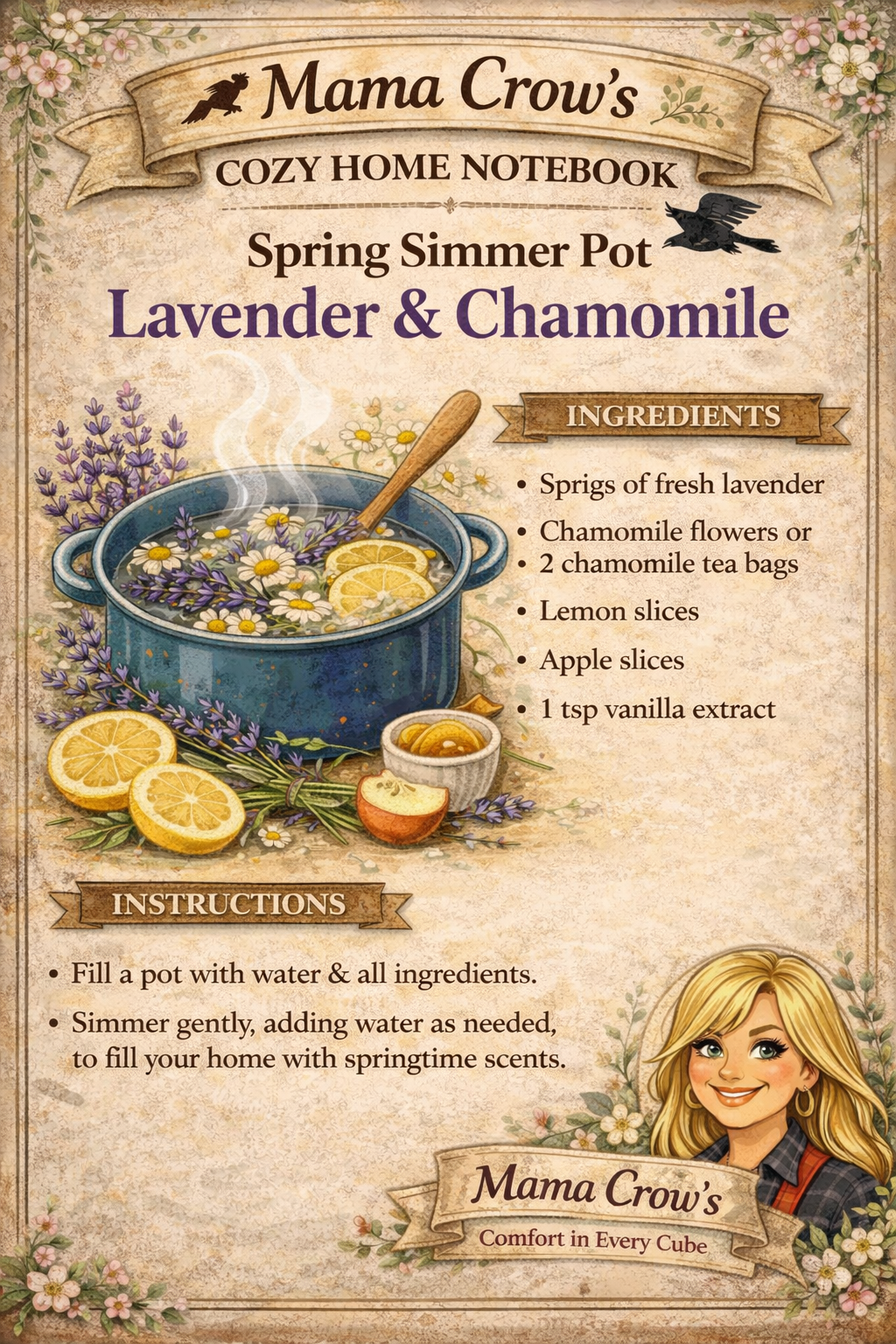 Lavender and chamomile spring simmer pot recipe infographic with step by step instructions for natural home scent.