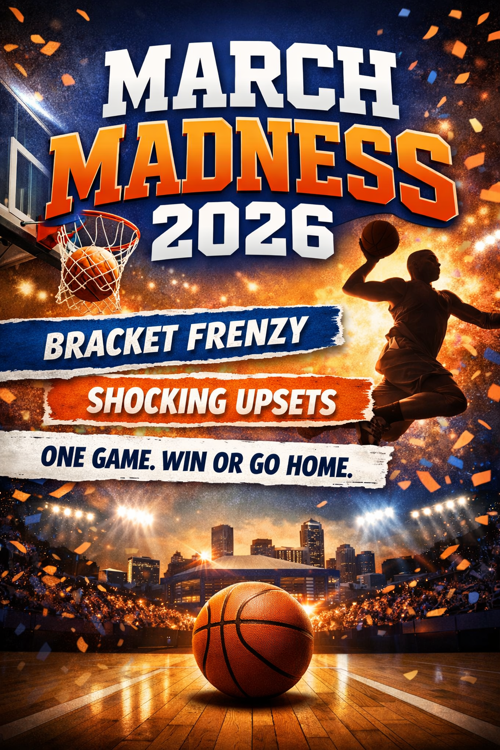 March Madness 2026 promotional graphic showing a basketball about to go through the hoop, a player dunking, bold text with 'March Madness 2026,' and a glowing city skyline in the background with confetti and vibrant colors.