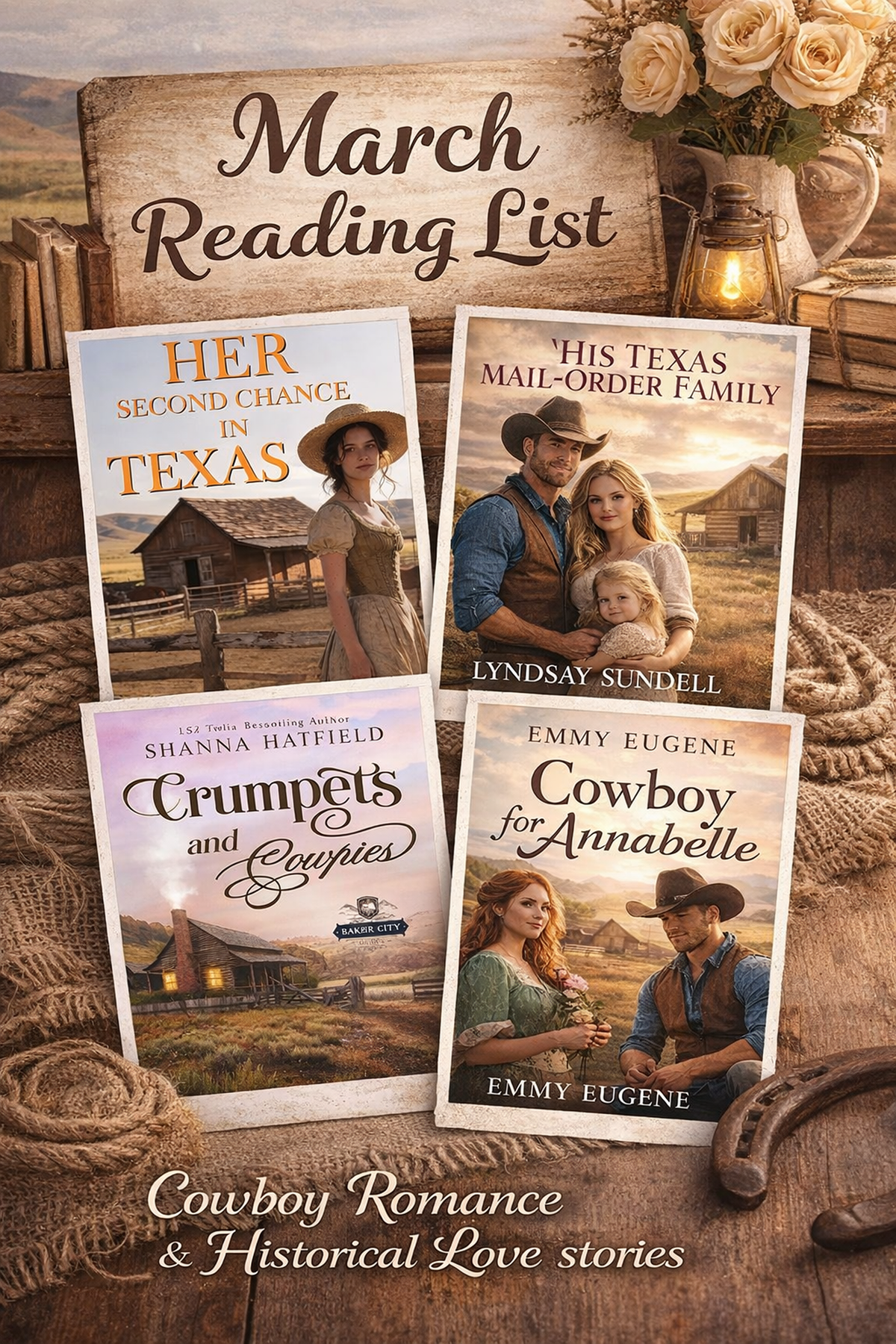 March reading list featuring historical western romance books with cowboy themed covers