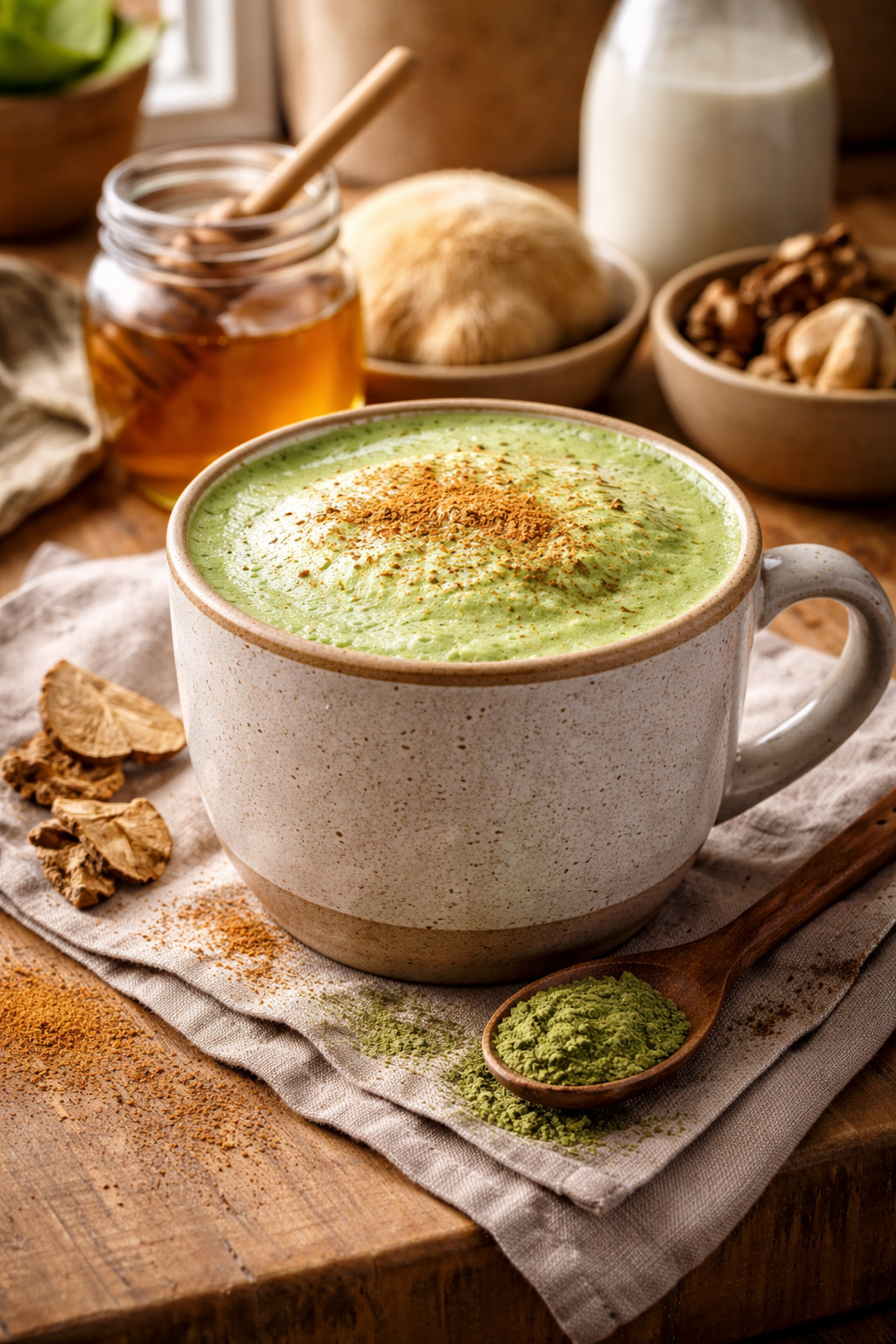 Frothy mushroom matcha latte in a ceramic mug on a rustic country countertop with honey, almond milk, cinnamon, and matcha powder nearby.