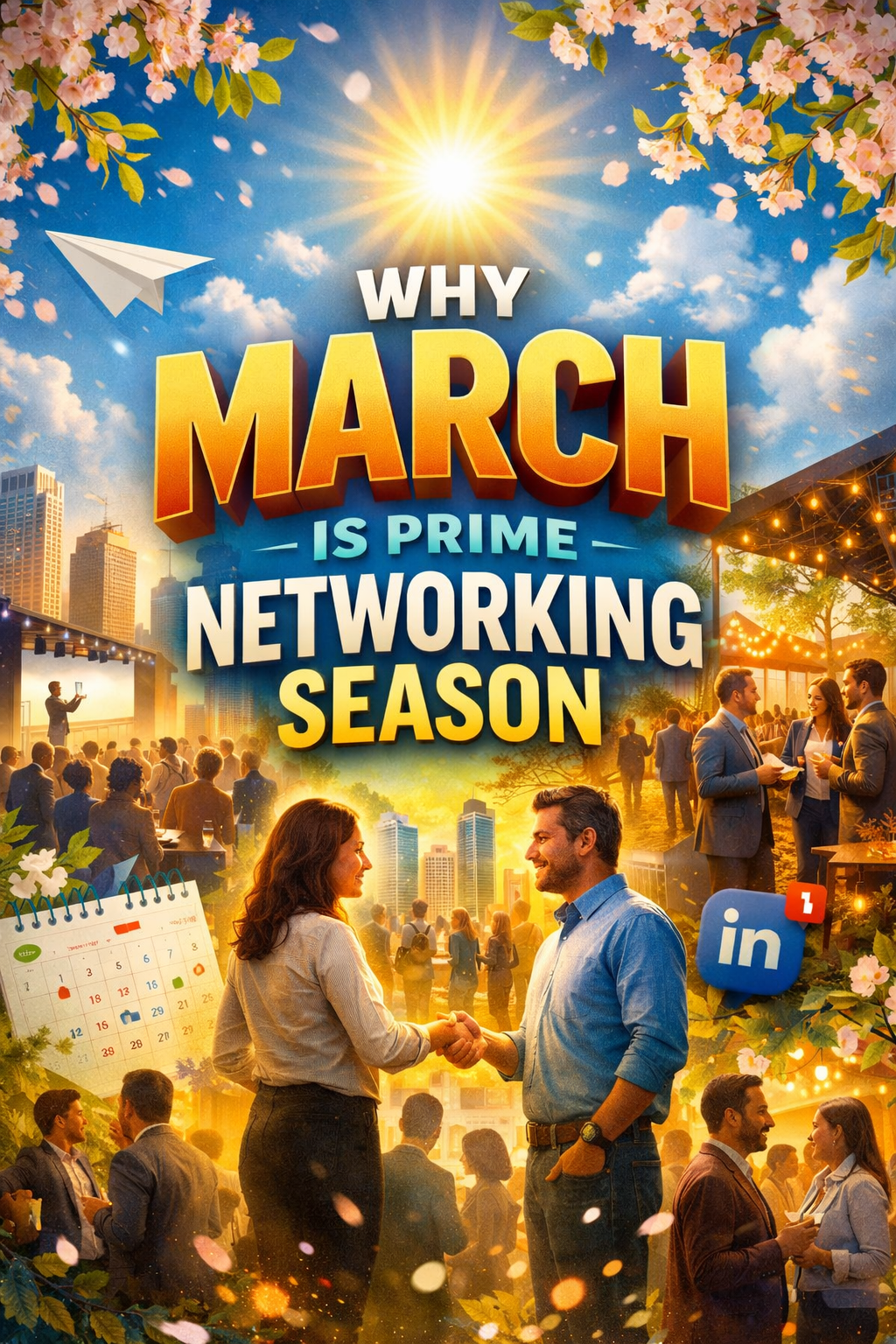 Bright, eye-catching graphic with bold text reading “Why March Is Prime Networking Season,” featuring professionals shaking hands, networking events, a spring city backdrop, and blooming flowers under a sunny sky.