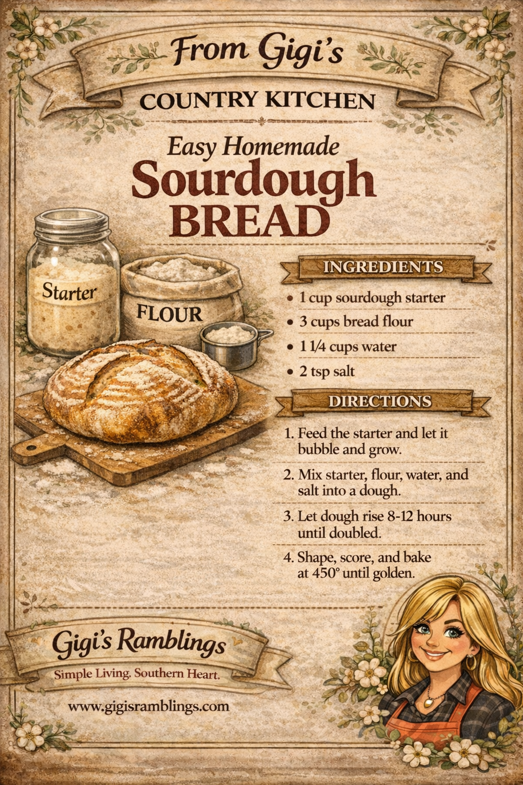 Vintage sourdough bread recipe card from Gigi’s Country Kitchen showing ingredients, directions, flour, sourdough starter jar, and rustic artisan loaf.