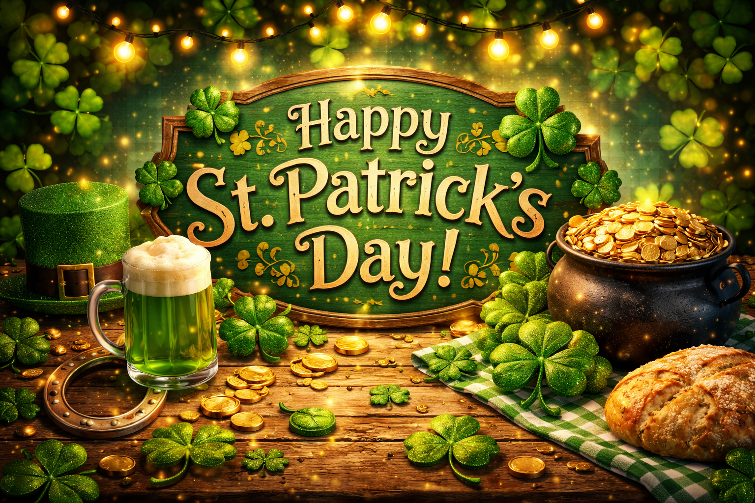 Folksy St. Patrick’s Day scene with rustic wooden table, shamrocks, green beer, leprechaun hat, pot of gold coins, and a vintage sign reading Happy St. Patrick’s Day.