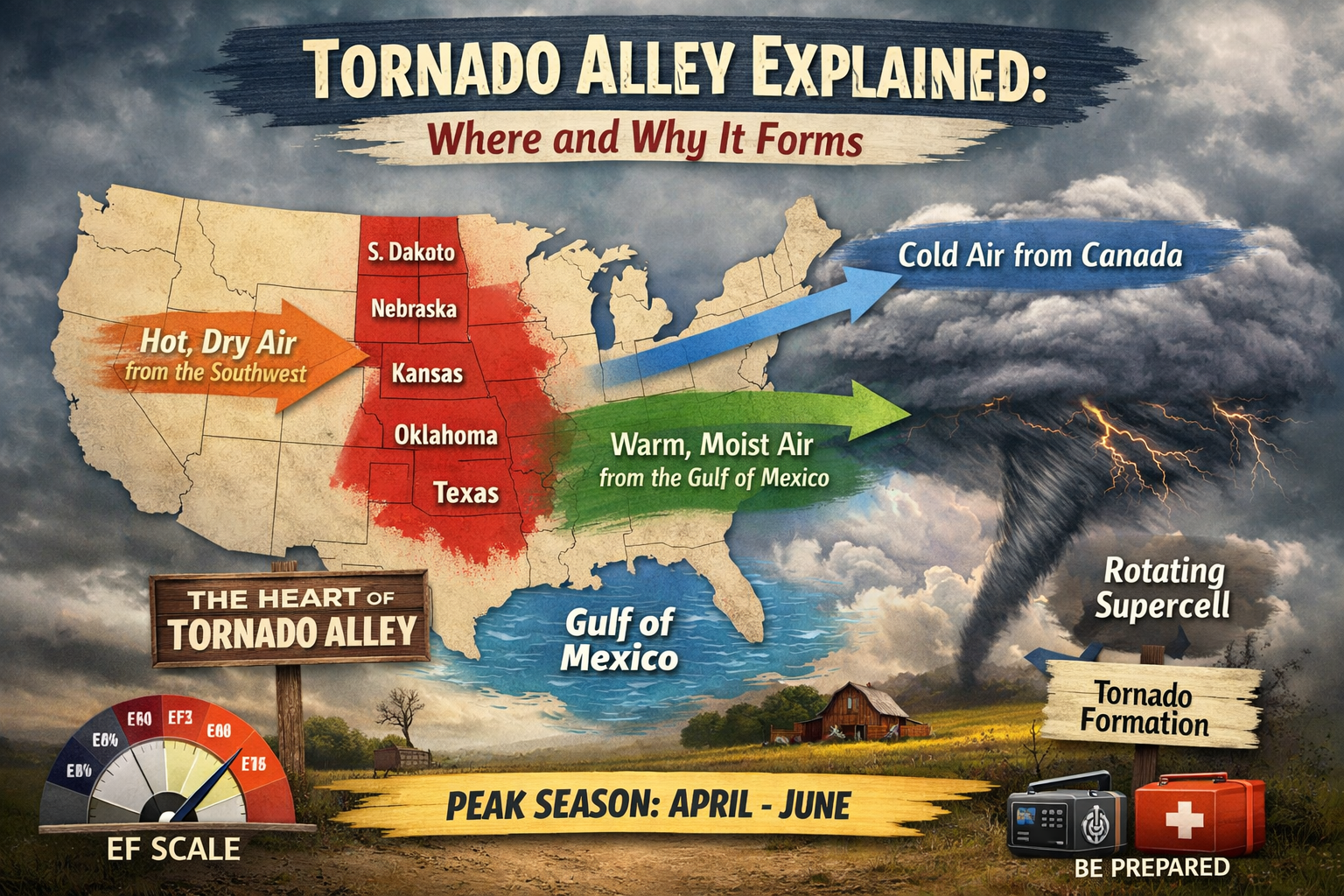 A dramatic infographic titled “Tornado Alley Explained: Where and Why It Forms” shows a map of the central United States highlighting Texas, Oklahoma, Kansas, Nebraska, and South Dakota as the core of Tornado Alley.