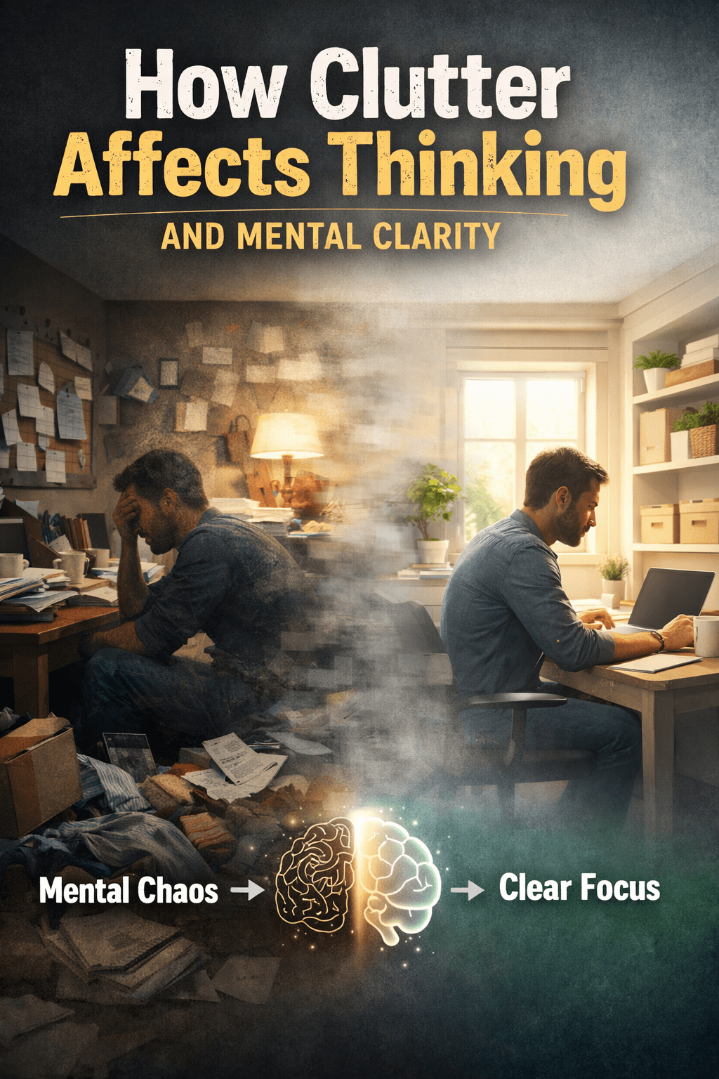 A cluttered room transforming into a clean, organized space to represent improved focus and mental clarity