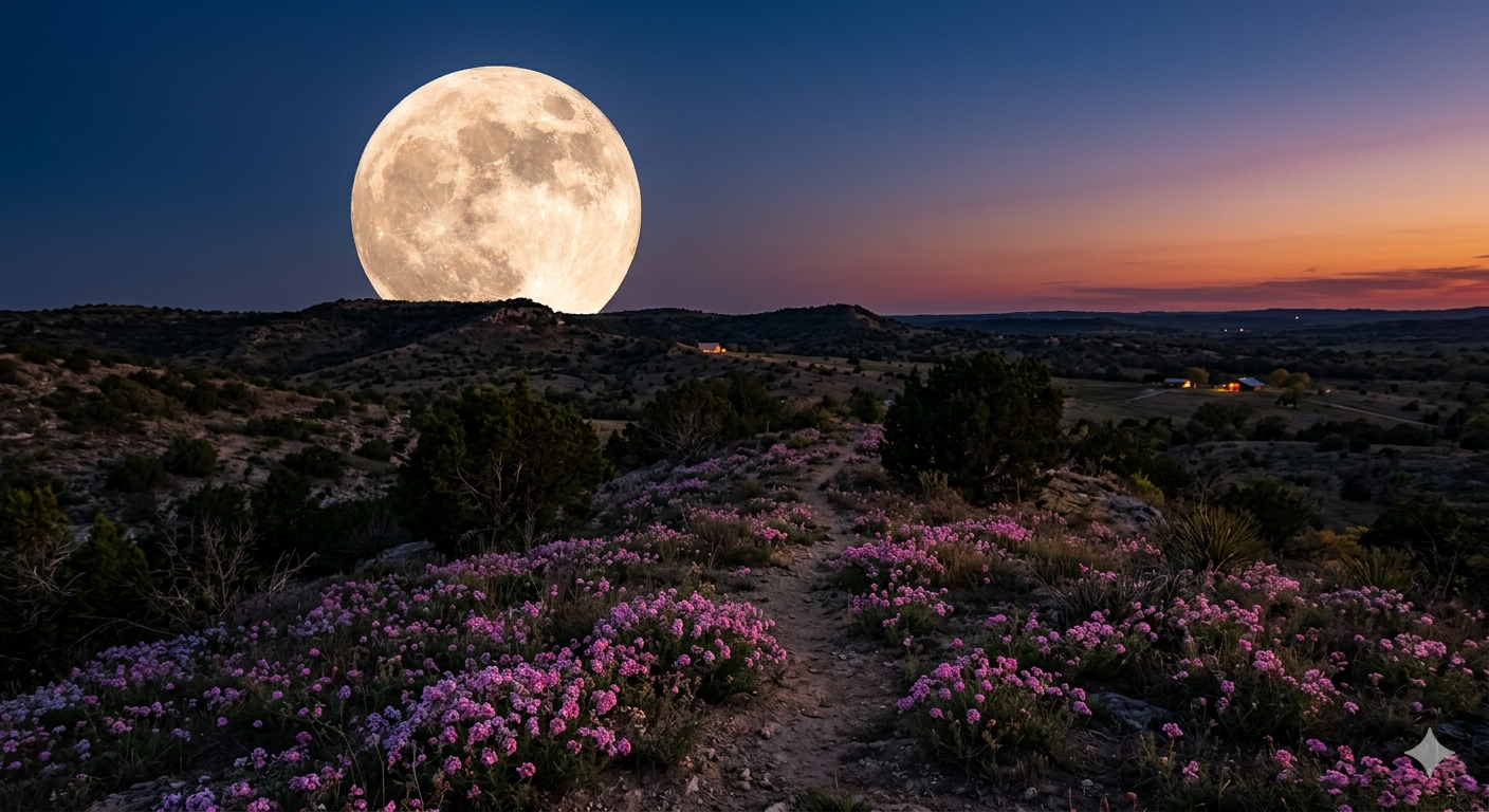 pink moon over Texas horizon