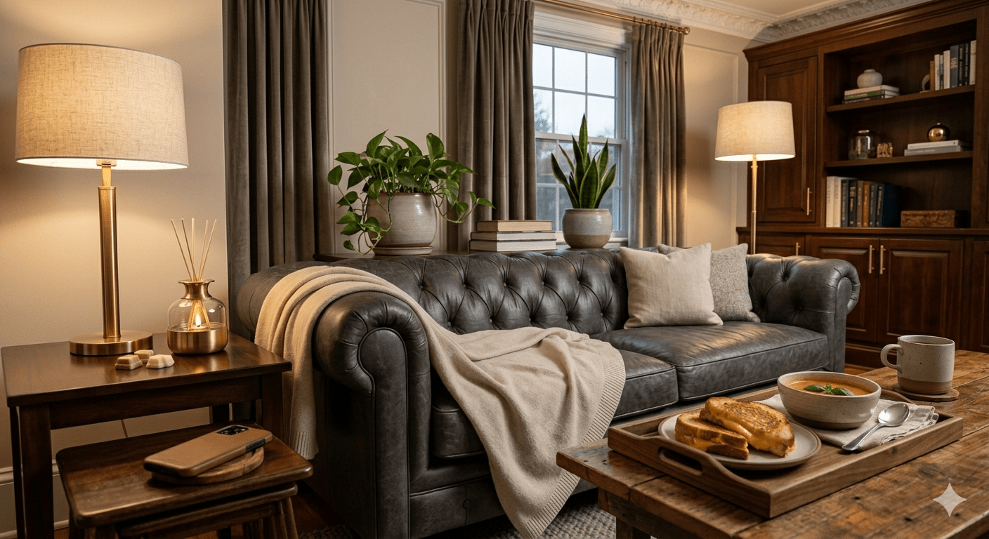 “A cozy, real-life comfort scene inside a warm home. A soft throw blanket draped over a couch, a lit wax melt burner on a side table, a warm glowing lamp, and a relaxed, lived-in feel. A phone resting nearby, a simple snack like grilled cheese or a bowl of soup on a tray, and soft neutral tones throughout the room. The atmosphere feels calm, comforting, and real, not staged or perfect. Natural lighting, slightly moody but warm, inviting and peaceful.”