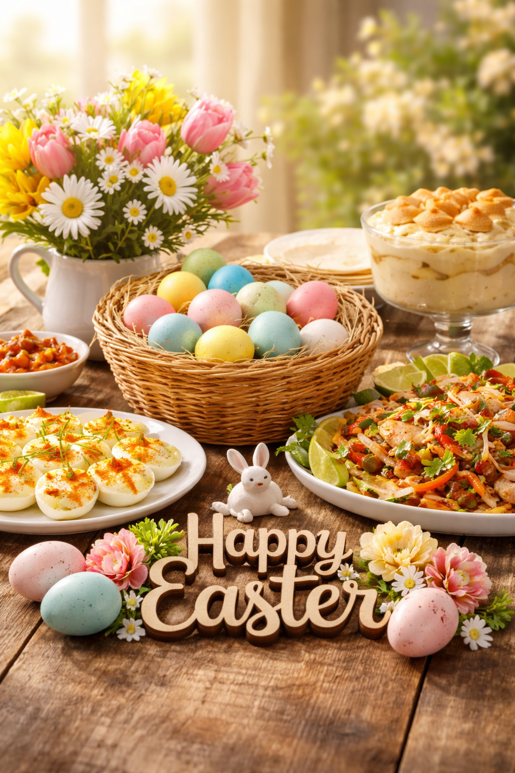 Rustic Easter table with pastel eggs, deviled eggs, fajitas, homemade banana pudding, spring flowers, and Happy Easter sign in soft morning light