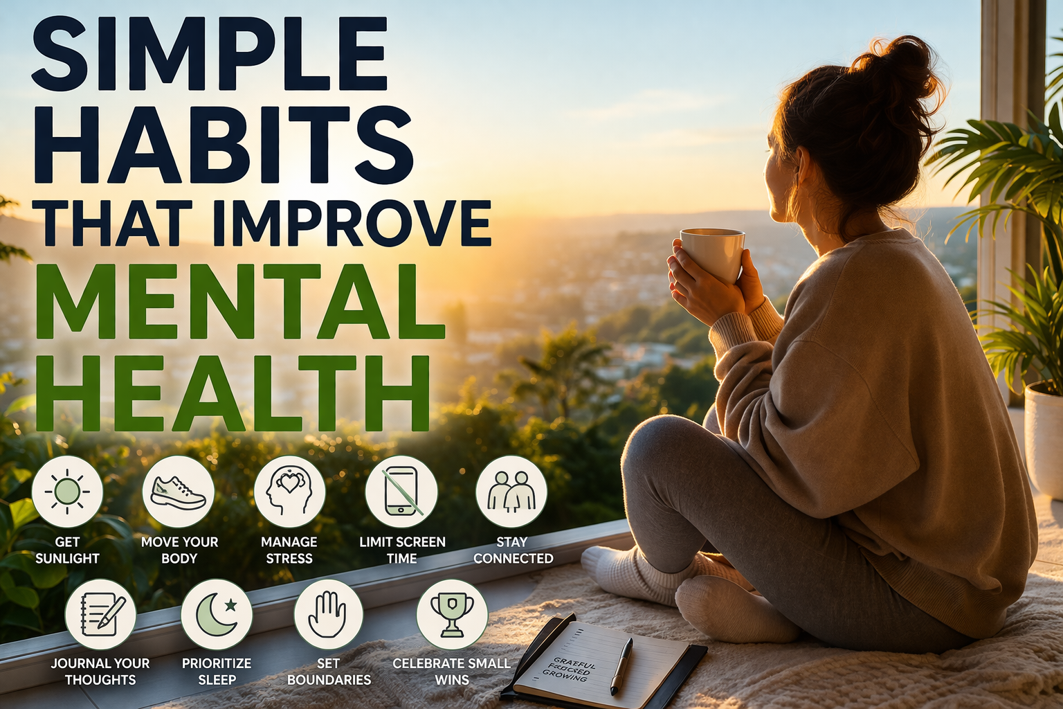 Woman sitting by a sunlit window holding coffee while overlooking a peaceful city view, with bold text highlighting simple habits that improve mental health like sunlight, movement, sleep, and connection.
