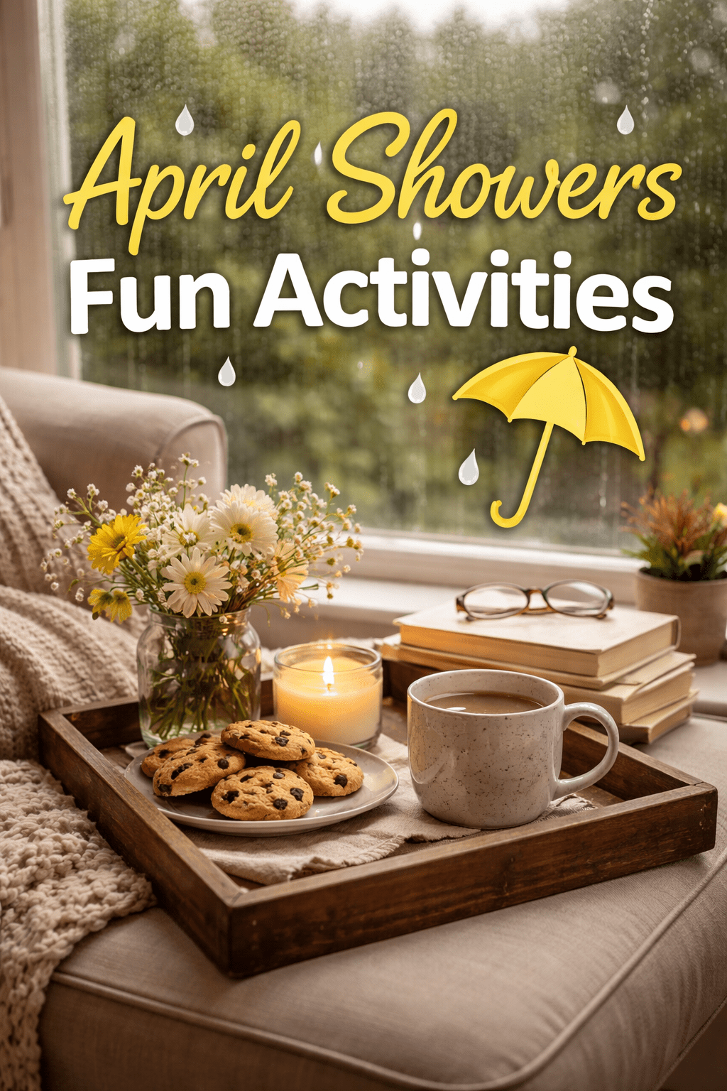 April Showers fun activities graphic showing cozy rainy day scene with cookies, candle, flowers, and books by a rain covered window with yellow umbrella illustration and spring theme