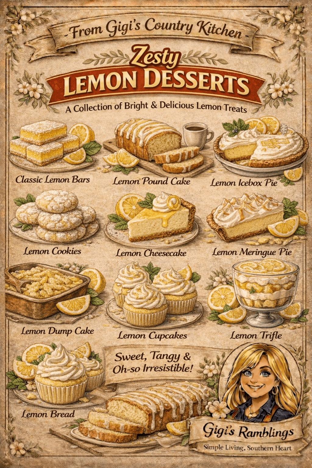 Vintage style Gigi’s Ramblings recipe card titled Lemon Dessert Roundup featuring illustrated lemon treats including lemon bars, lemon pound cake, lemon icebox pie, lemon cookies, lemon cheesecake, lemon meringue pie, lemon dump cake, lemon cupcakes, lemon bread, and lemon trifle arranged with yellow lemons, greenery, and a rustic farmhouse background.