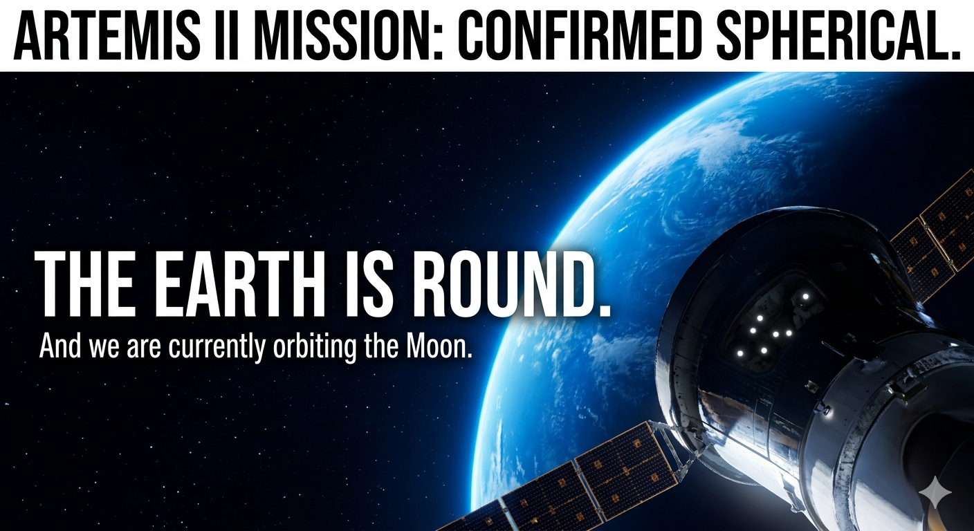 A cinematic, high-resolution view from space showing the Orion spacecraft in the foreground with its solar panels extended. In the background, the vibrant blue curvature of the Earth glows against the black void of space, featuring bold text that reads "ARTEMIS II MISSION: CONFIRMED SPHERICAL. THE EARTH IS ROUND."
