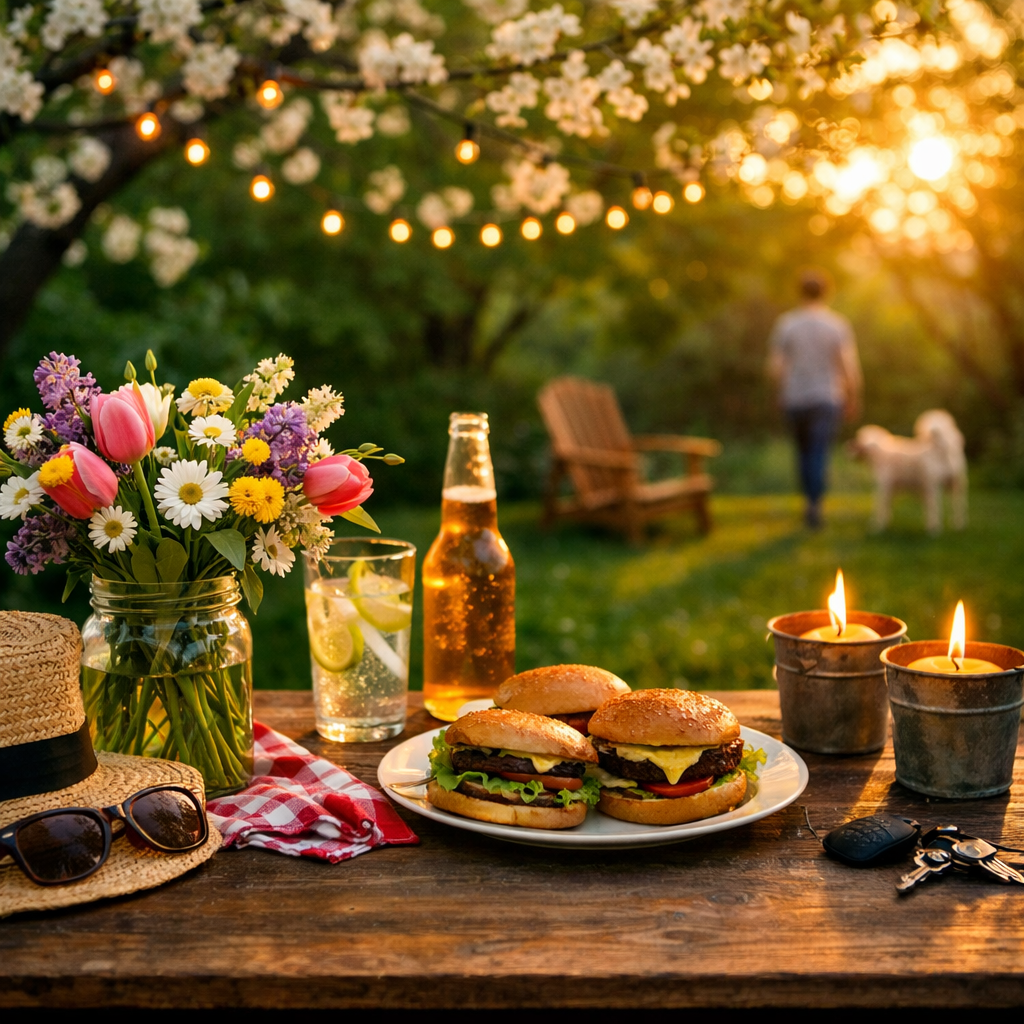 Backyard spring dinner scene with burgers, mason jar flowers, candles, and string lights glowing at sunset while a person walks a dog in a green yard