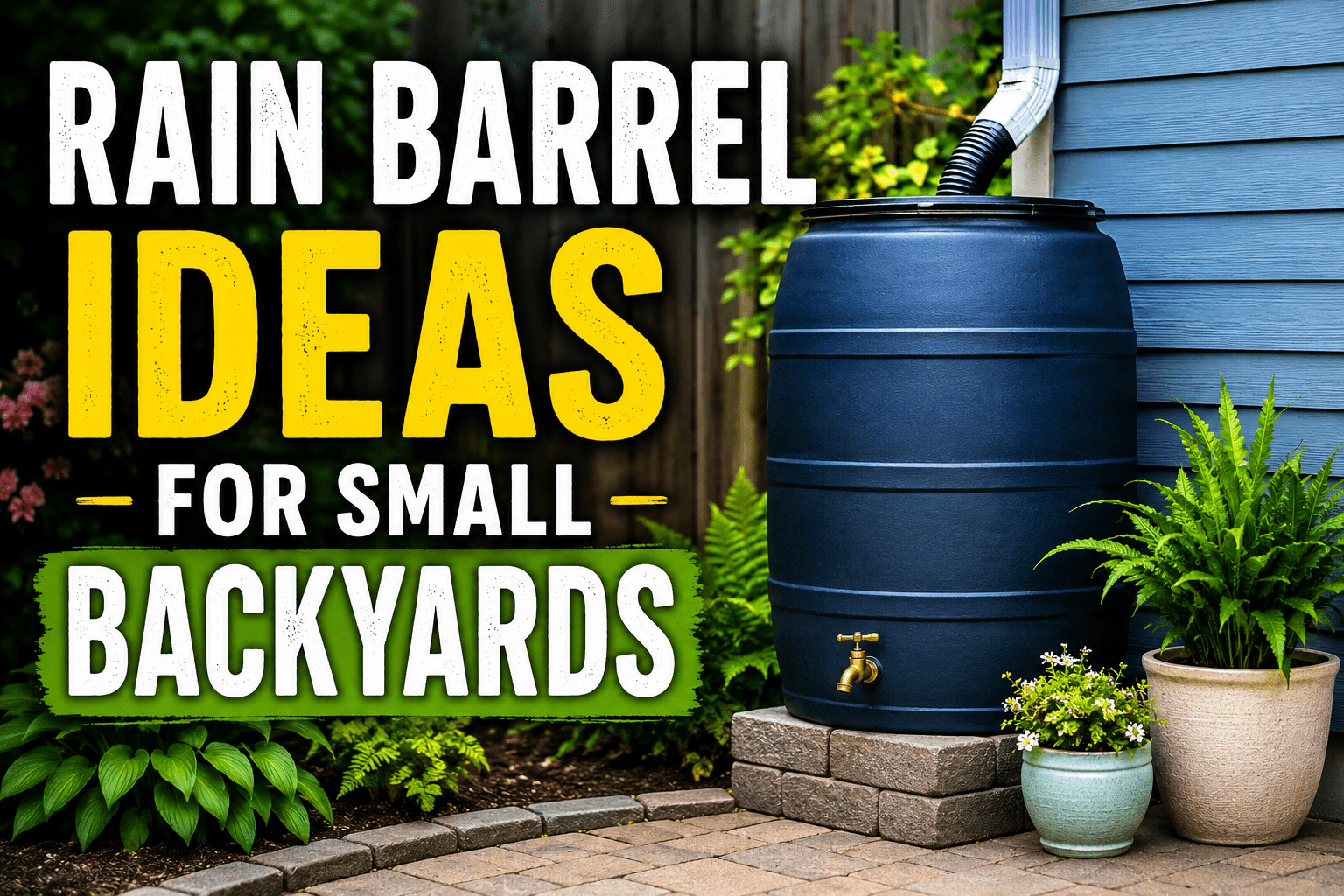 A bold backyard rain barrel scene shows a large blue barrel beside a house with greenery and large title text reading “Rain Barrel Ideas for Small Backyards.”