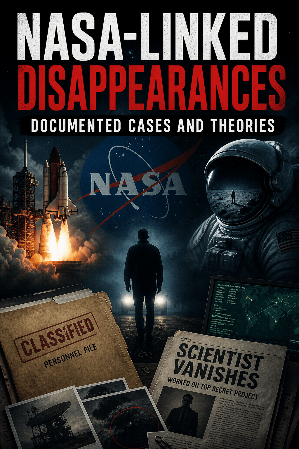 Dark, cinematic poster featuring a space theme with a rocket launch, astronaut, and shadowy figure, overlaid with bold text about NASA-linked disappearances and classified files suggesting mystery and conspiracy.
