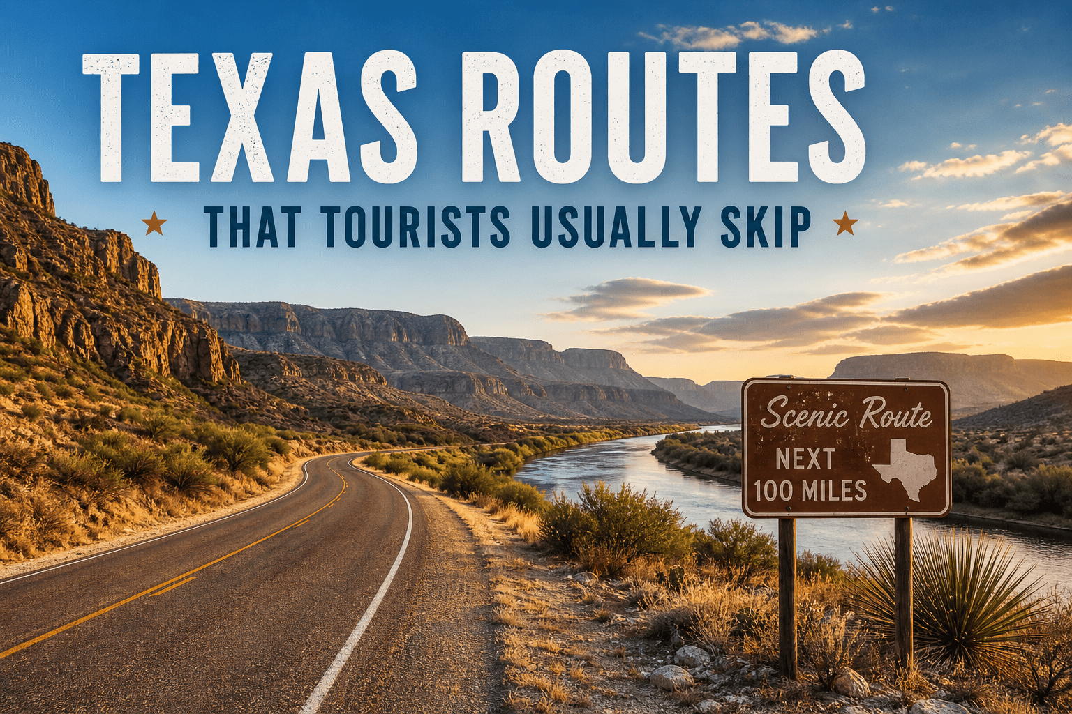 Wide scenic view of a winding Texas highway running alongside a river through rugged desert cliffs at sunset, with a roadside sign reading “Scenic Route Next 100 Miles” and bold overlay text “Texas Routes That Tourists Usually Skip.”