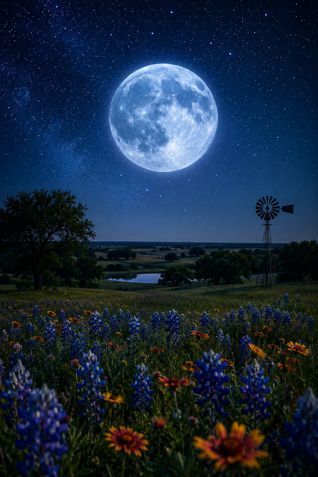 A massive glowing full Blue Moon rising over a quiet Texas countryside, wildflowers in the foreground, dramatic star-filled sky, rich blue and silver tones, highly detailed, magical atmosphere, cinematic lighting, realistic photography style, vertical Pinterest format, no text.
