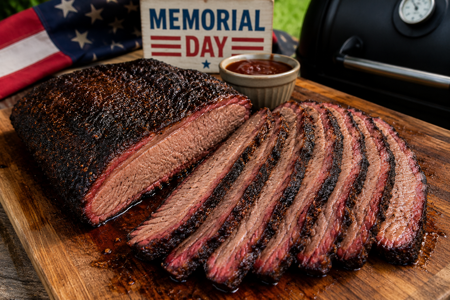 Smoked brisket sliced on a wooden cutting board beside a smoker with a dark bark, juicy center, barbecue sauce, and Memorial Day decorations in the background.