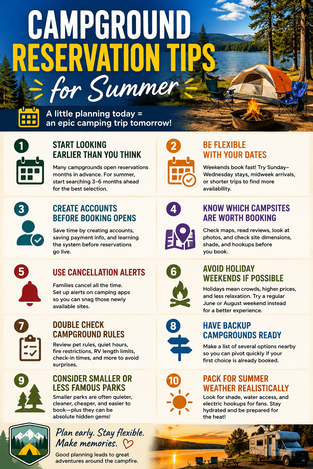 Family camping scene beside a lake at sunset with a tent, campfire, RV, and colorful infographic tips for booking summer campground reservations early and avoiding crowded weekends.