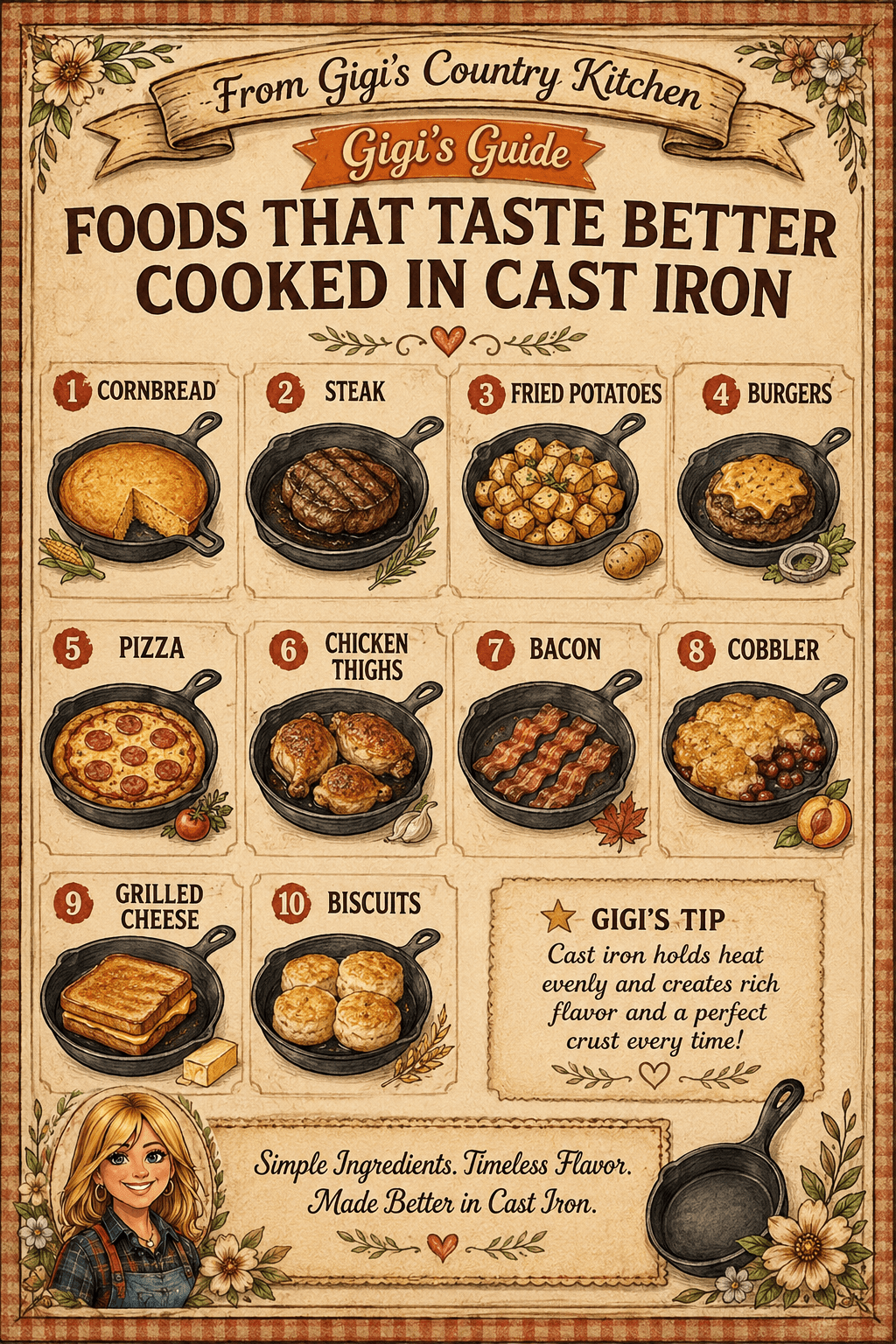 This vintage-style cast iron cooking guide features cozy country kitchen artwork with small skillet illustrations and short, easy-to-read food labels.