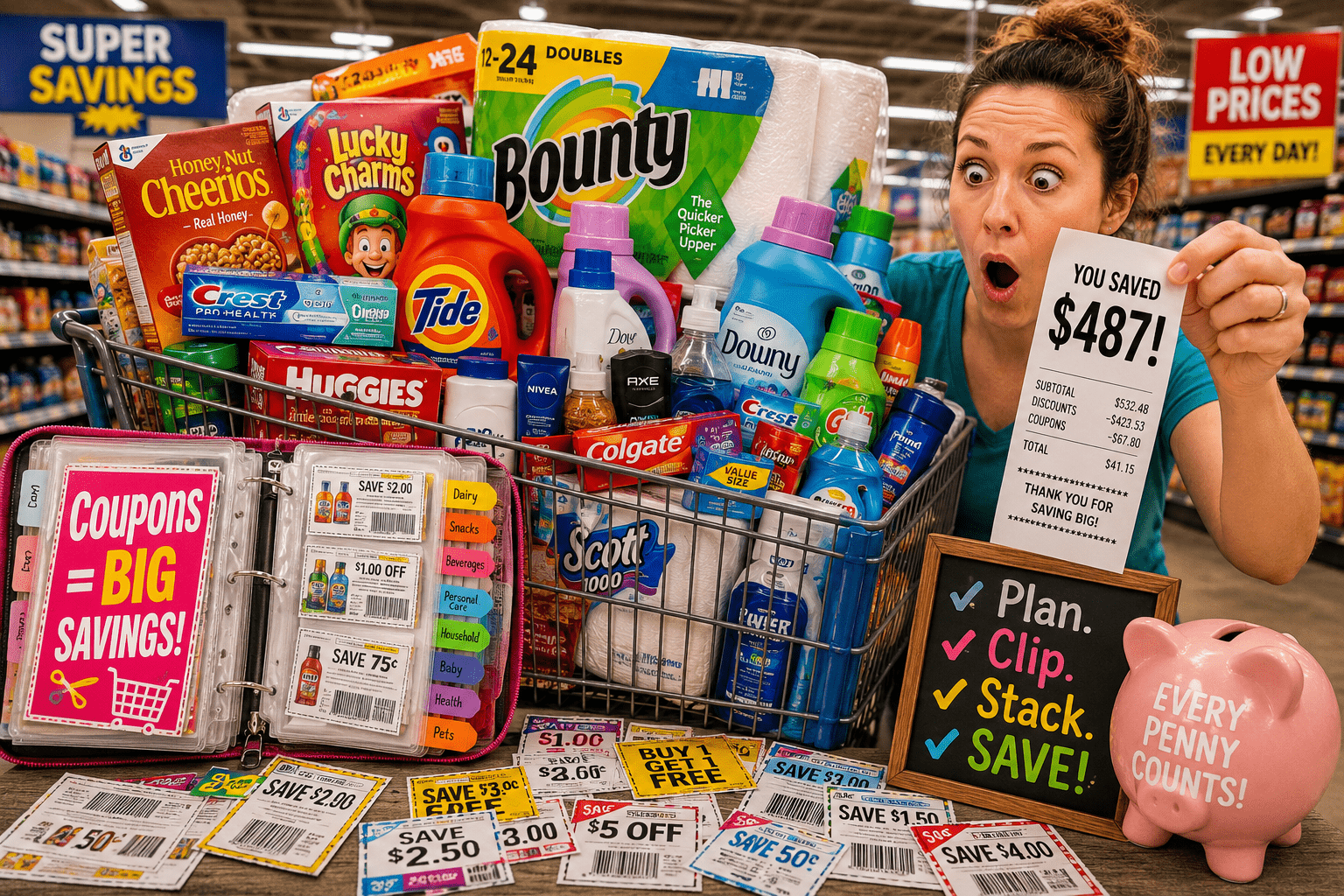 Shopper with a full grocery cart and coupon binder looking shocked at huge savings from extreme couponing.