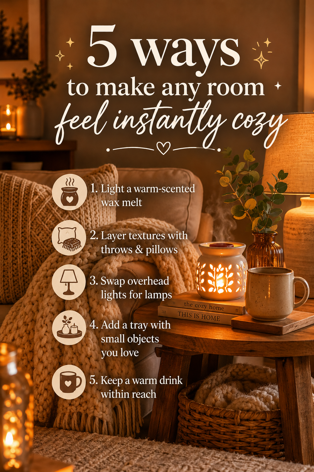 Cozy living room corner, warm evening light from a single table lamp, soft chunky knit throw draped over an armchair, small ceramic wax warmer glowing on a wooden side table, a steaming mug nearby, neutral warm tones of cream and amber, soft shadows, hygge aesthetic, lifestyle photography style