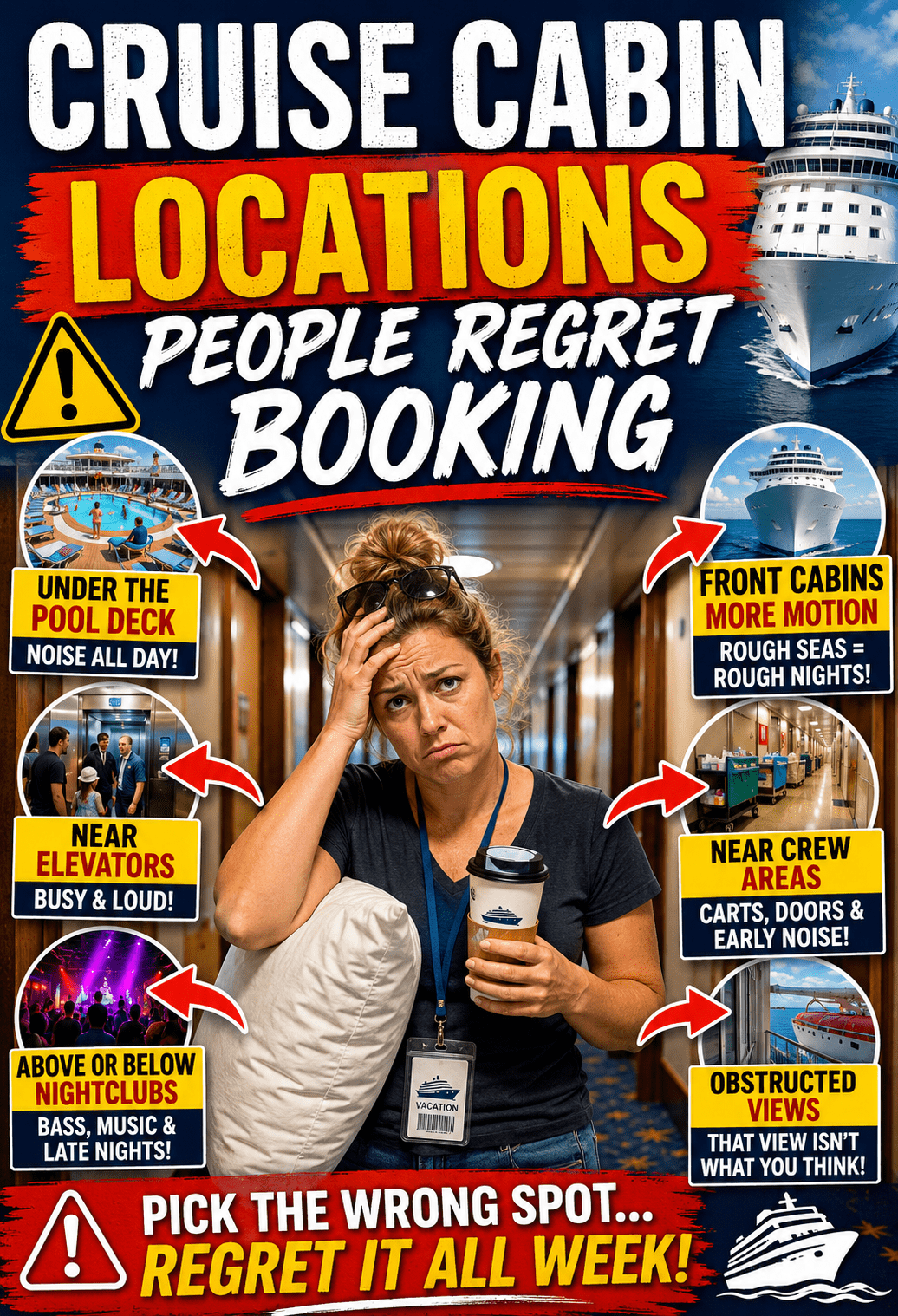 Stressed cruise passenger holding a pillow and coffee in a ship hallway surrounded by warning signs about cabin locations people regret booking, including under the pool deck, near elevators, nightclub areas, crew spaces, front cabins, and obstructed views.
