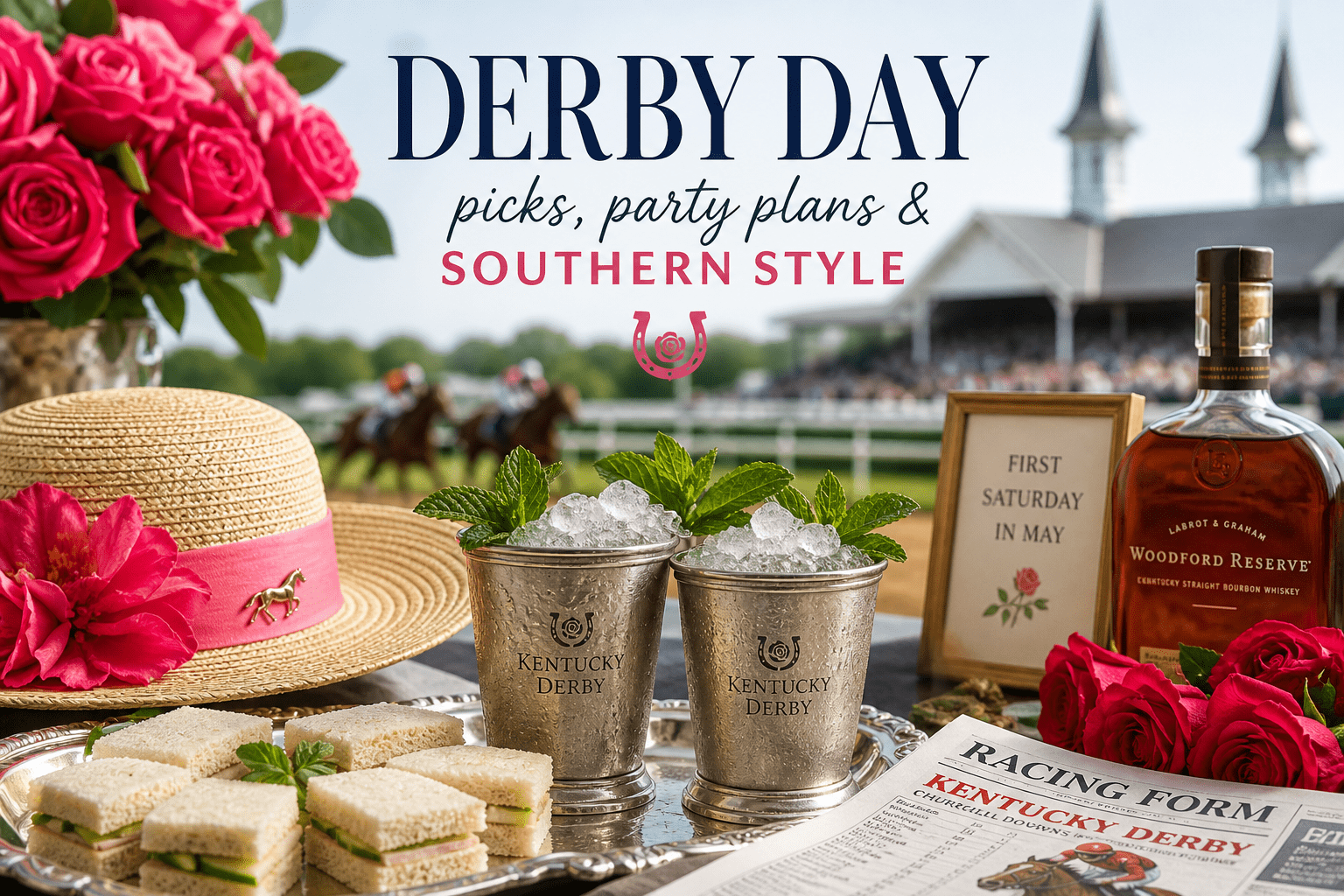 Kentucky Derby party setup with mint juleps, finger sandwiches, roses, and hat with racetrack in background