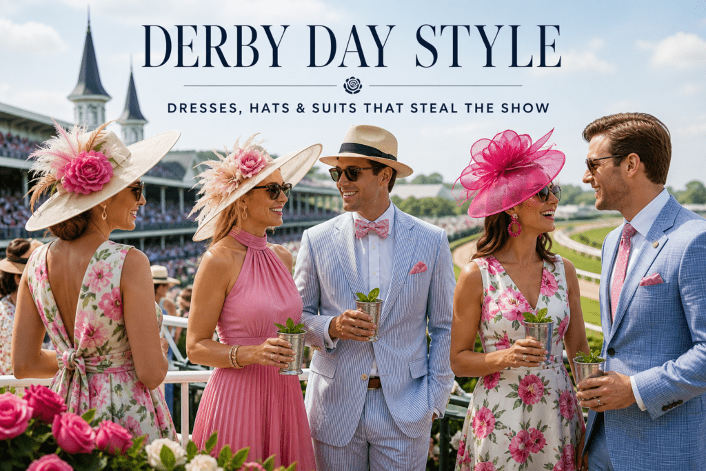 Stylish group in Derby fashion with wide-brim hats, floral dresses, and suits at racetrack holding mint juleps
