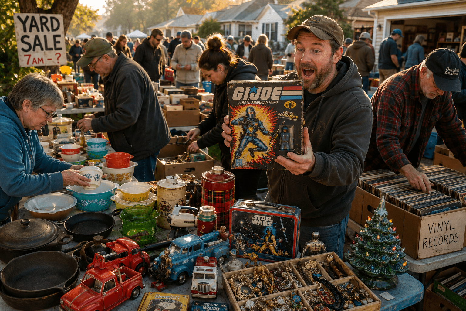 Early morning yard sale treasure hunt with vintage collectibles and bargain hunters.