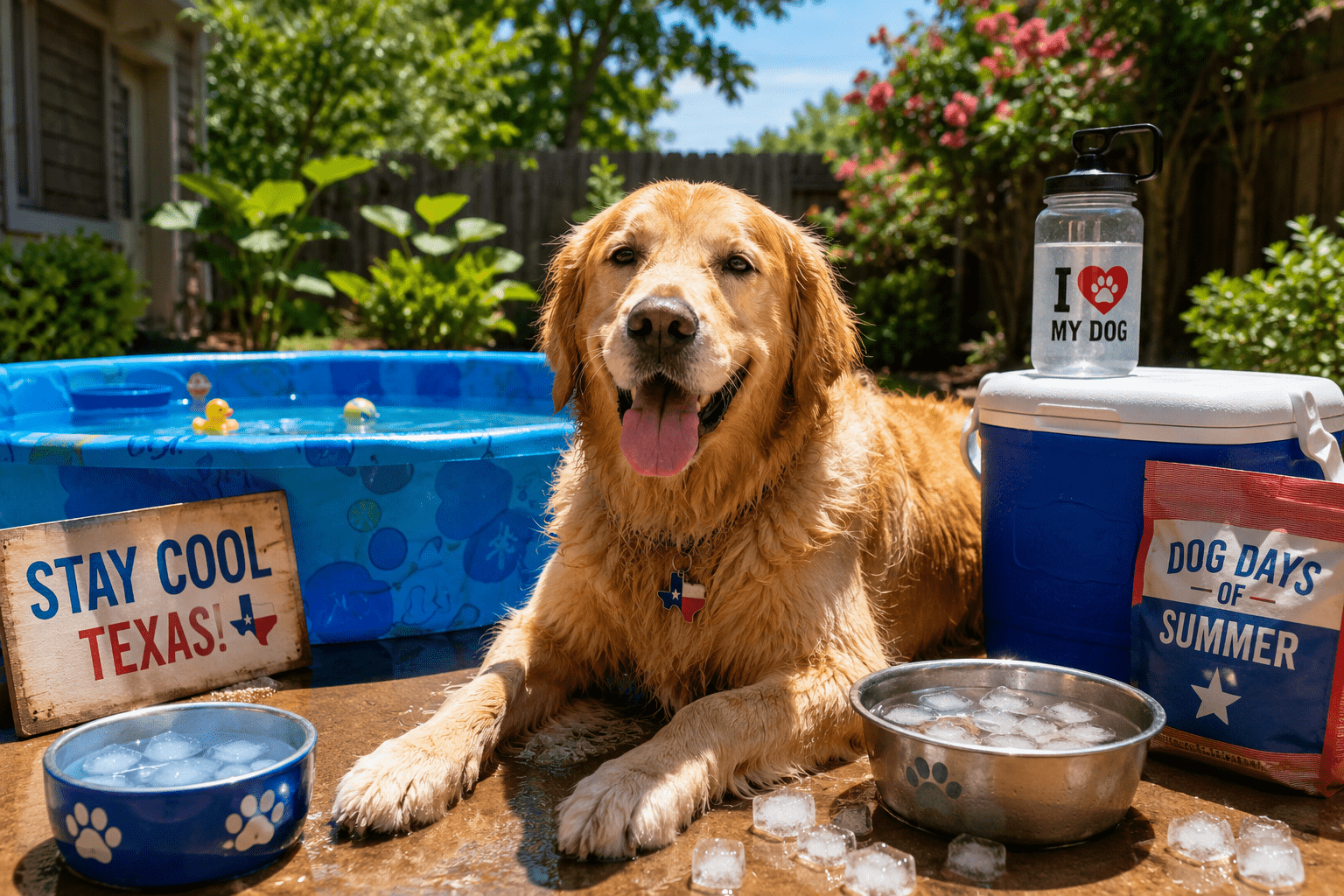 Golden retriever staying cool beside a kiddie pool during an extreme summer heat day.